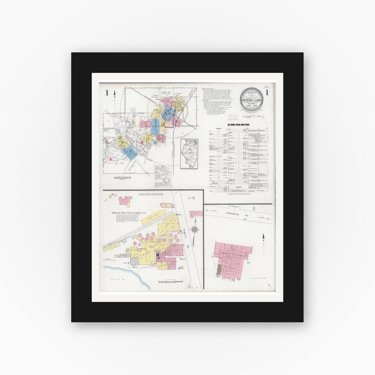 Old map wall art mockup — black gallery frame with white mat — Sanborn Fire Insurance Map from Crystal Lake, McHenry County, Illinois (1929) - Complete Map Set