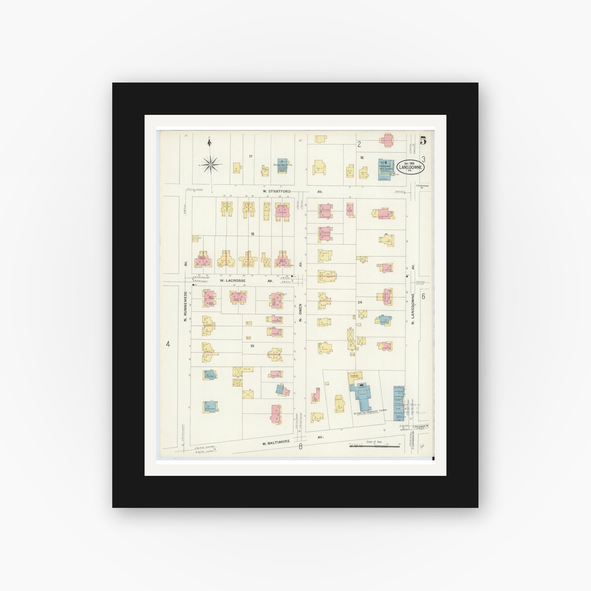 Old map wall art mockup — black gallery frame with white mat — Sanborn Fire Insurance Map from Lansdowne, Delaware County, Pennsylvania (1908), Sheet #0005