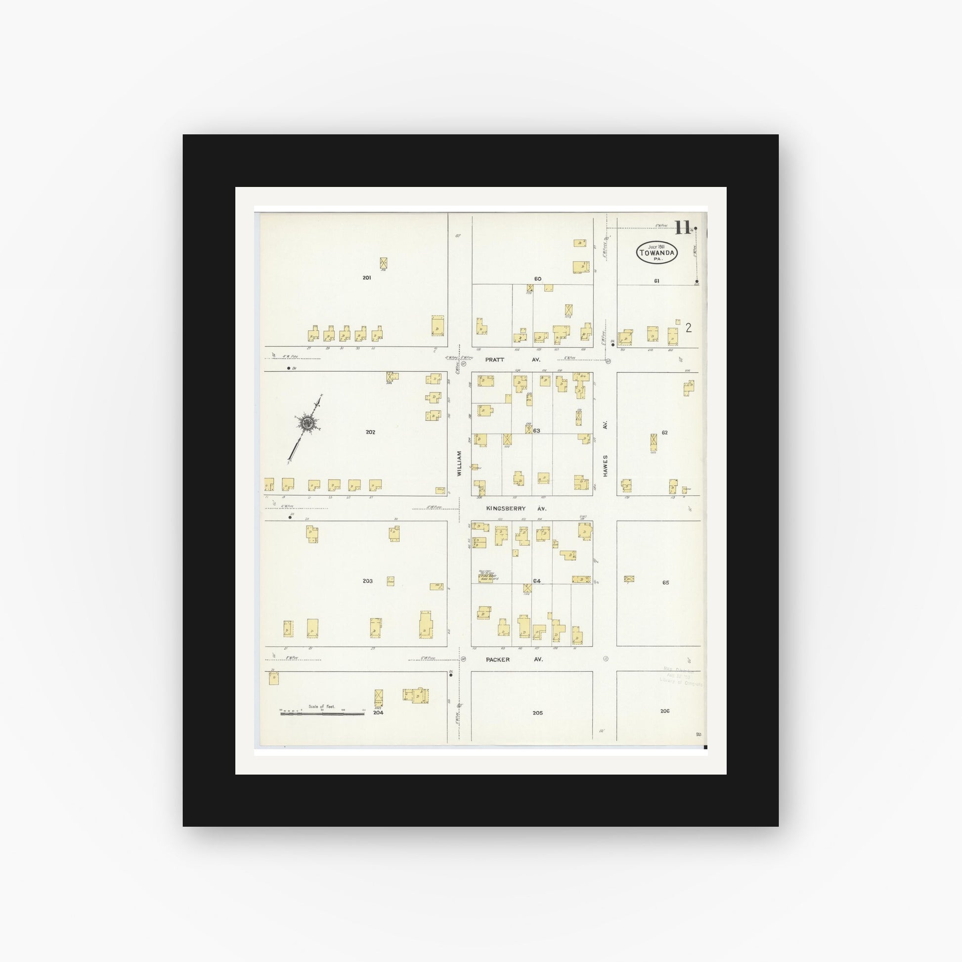 Old map wall art mockup — black gallery frame with white mat — Sanborn Fire Insurance Map from Towanda, Bradford County, Pennsylvania (1911), Sheet #0011