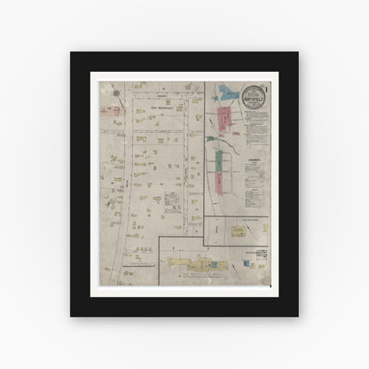 Old map wall art mockup — black gallery frame with white mat — Sanborn Fire Insurance Map from Northfield, Franklin County, Massachusetts (1909), Sheet #0001
