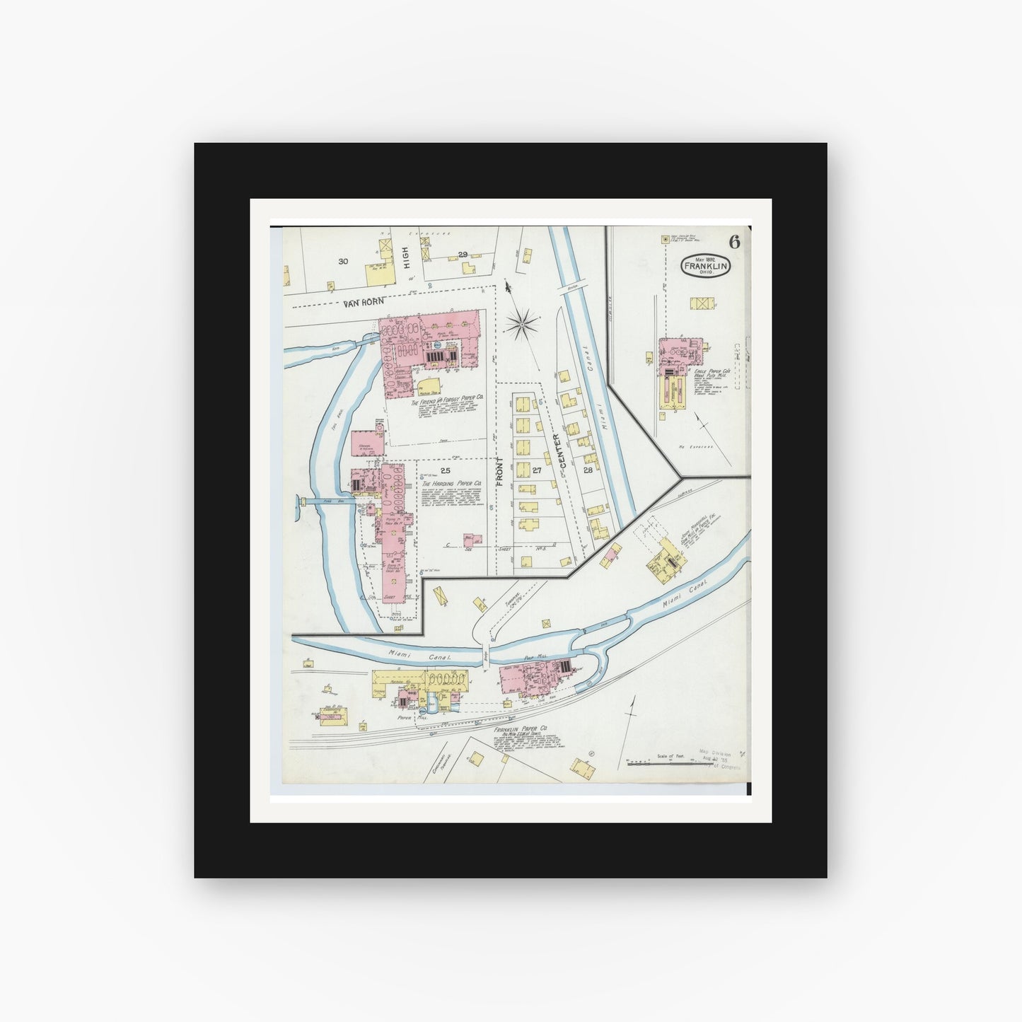 Old map wall art mockup — black gallery frame with white mat — Sanborn Fire Insurance Map from Franklin, Warren County, Ohio (1892), Sheet #0006