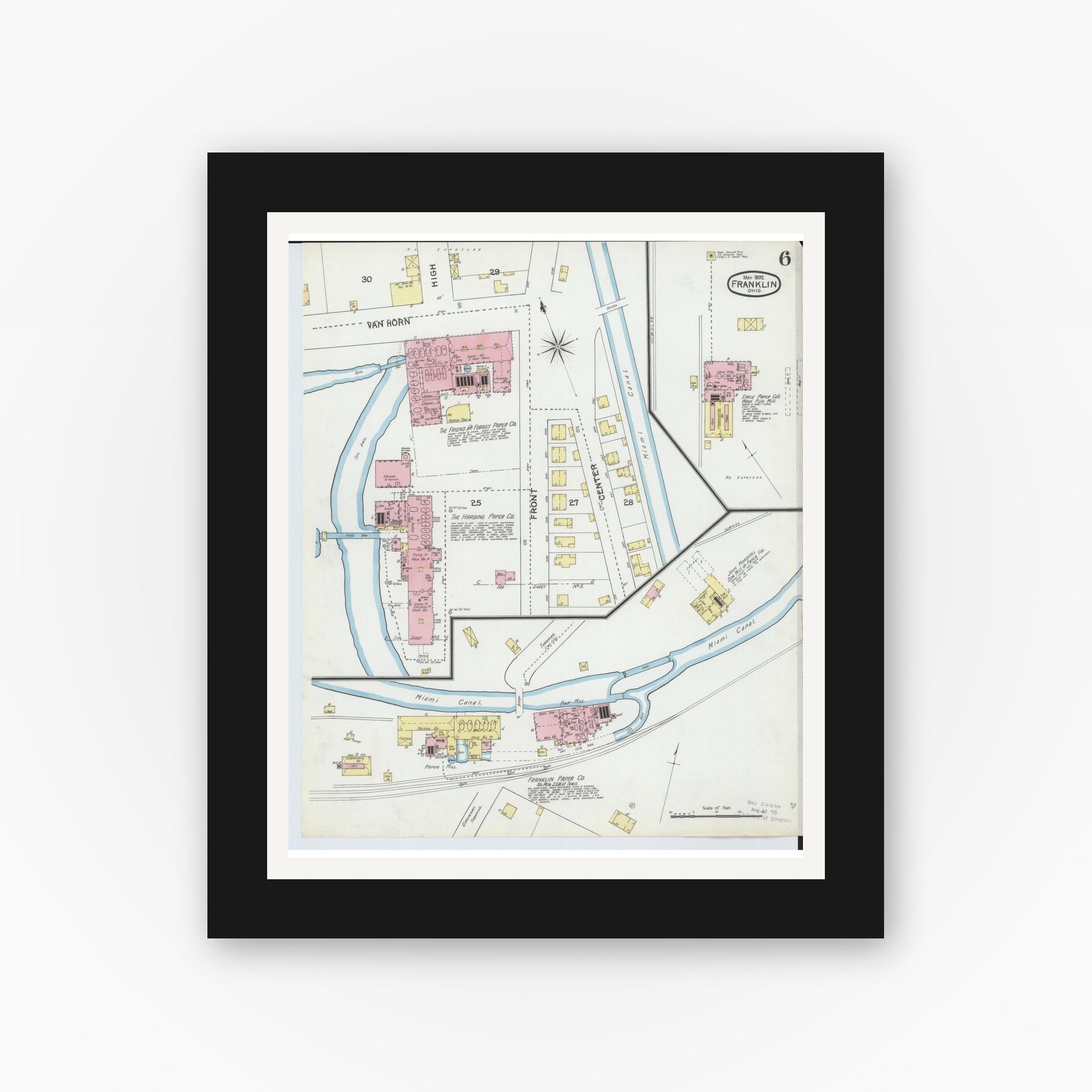 Old map wall art mockup — black gallery frame with white mat — Sanborn Fire Insurance Map from Franklin, Warren County, Ohio (1892), Sheet #0006