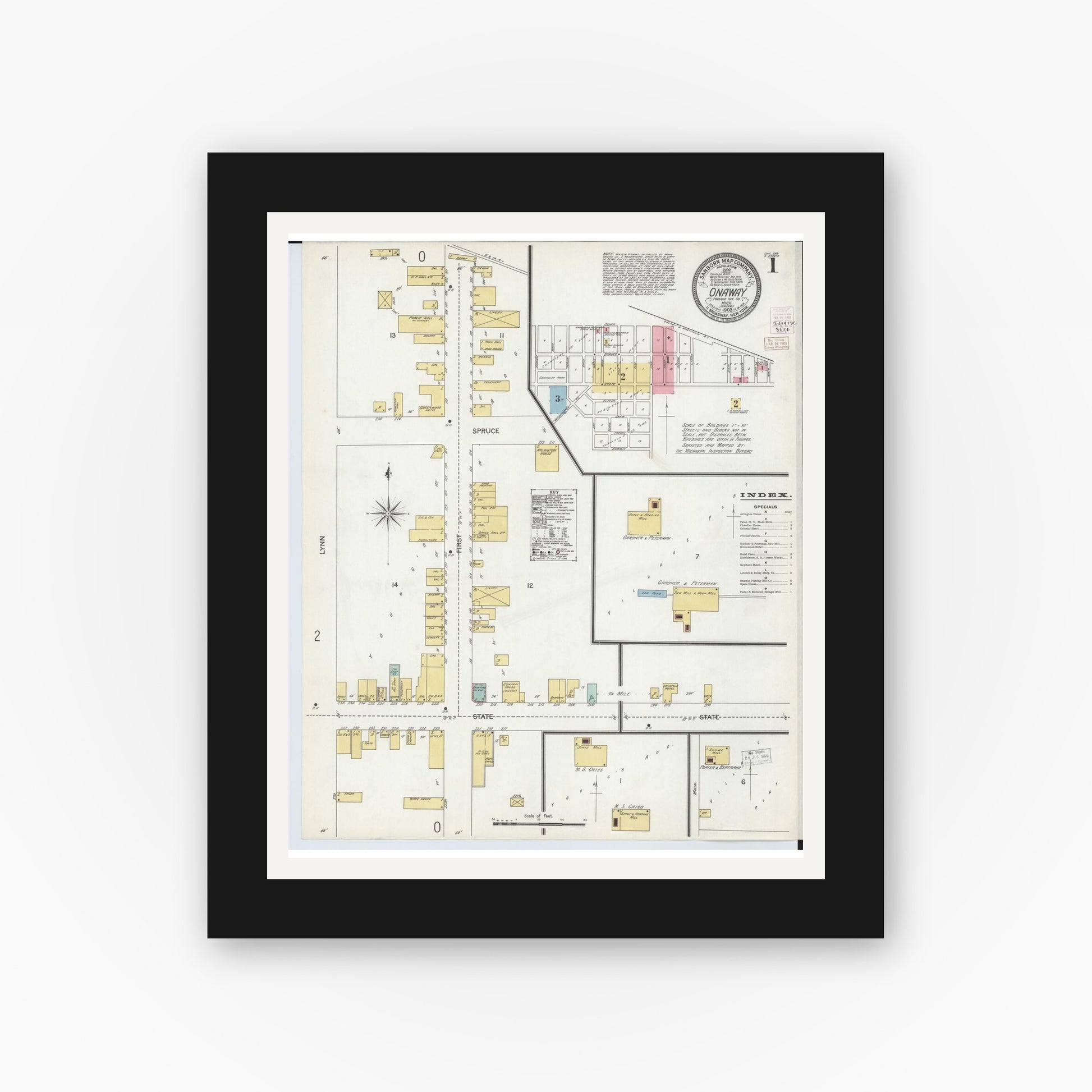Old map wall art mockup — black gallery frame with white mat — Sanborn Fire Insurance Map from Onaway, Presque Isle County, Michigan (1903) - Complete Map Set