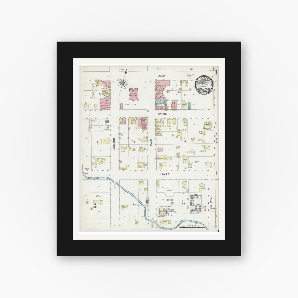Old map wall art mockup — black gallery frame with white mat — Sanborn Fire Insurance Map from Huntsville, Walker County, Texas (1891) - Complete Map Set