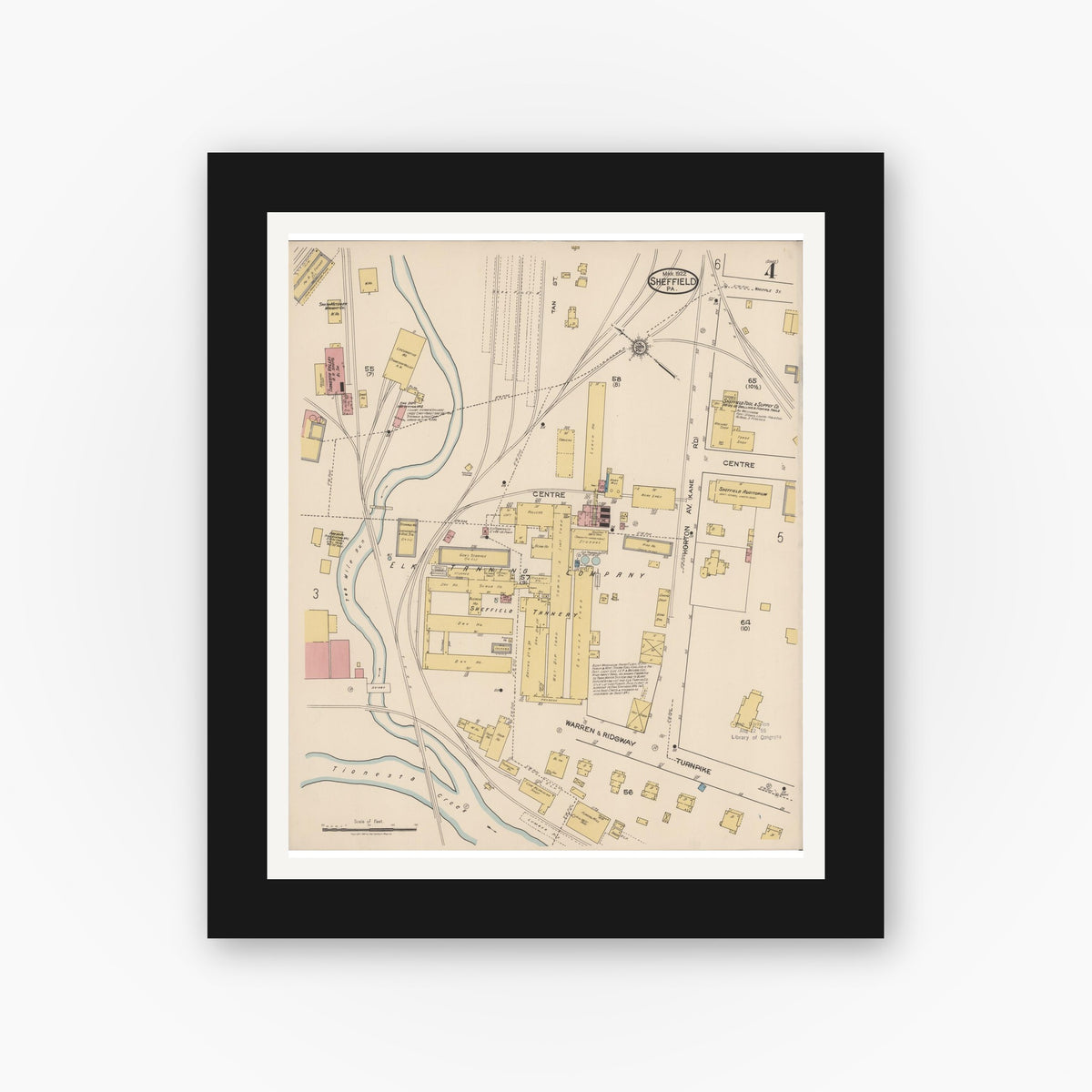 Old map wall art mockup — black gallery frame with white mat — Sanborn Fire Insurance Map from Sheffield, Warren County, Pennsylvania (1922), Sheet #0004