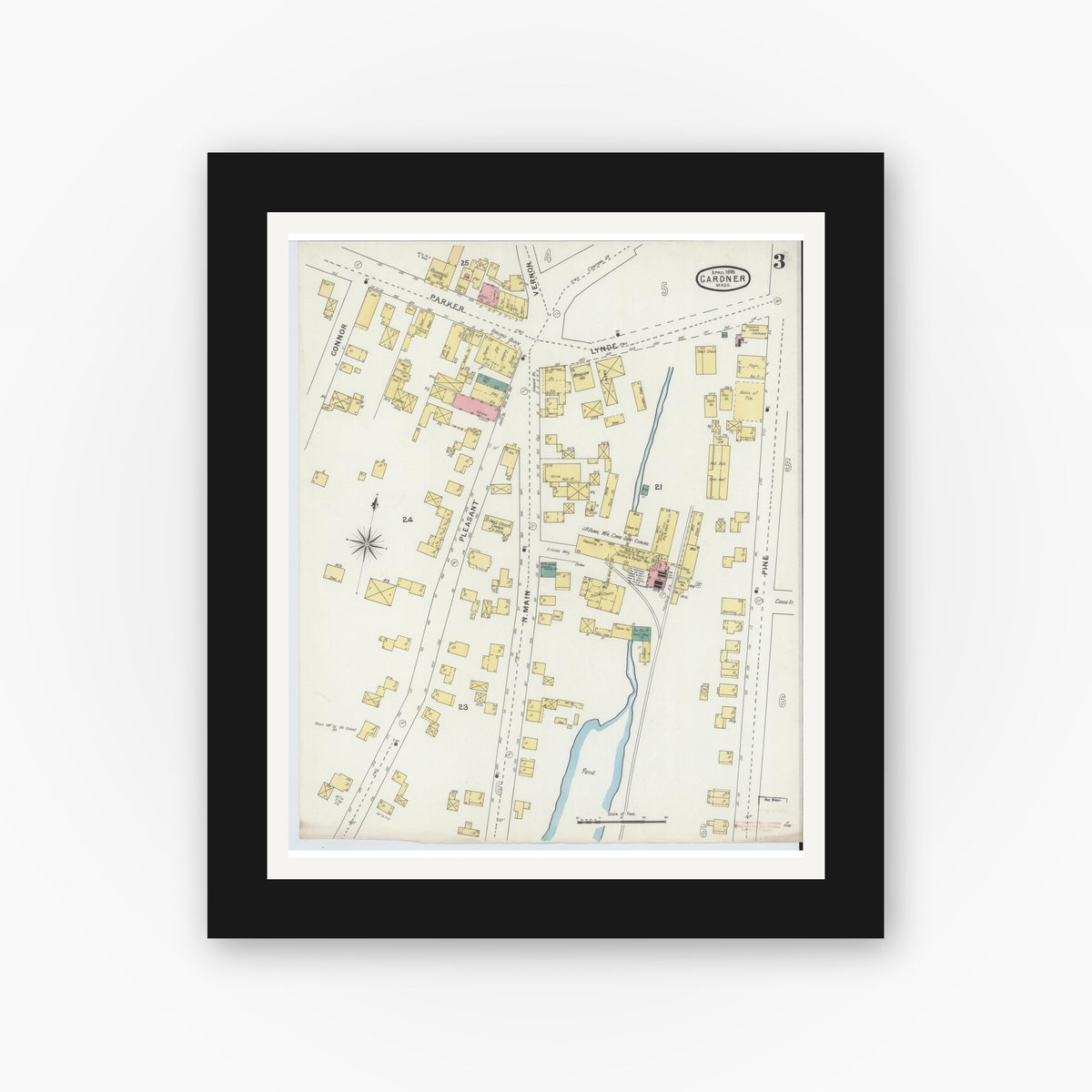 Old map wall art mockup — black gallery frame with white mat — Sanborn Fire Insurance Map from Gardner, Worcester County, Massachusetts (1895), Sheet #0003