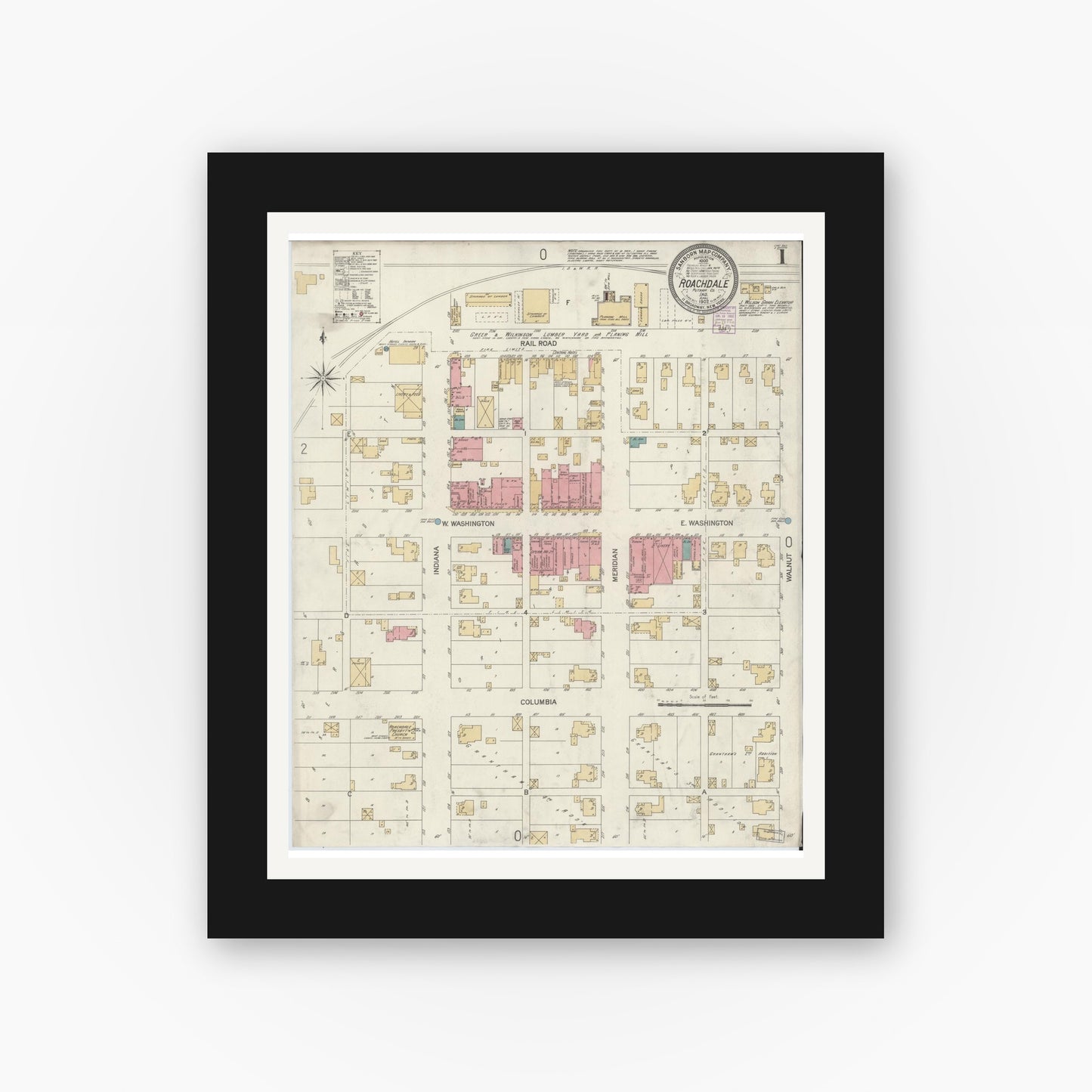 Old map wall art mockup — black gallery frame with white mat — Sanborn Fire Insurance Map from Roachdale, Putnam County, Indiana (1902), Sheet #0001