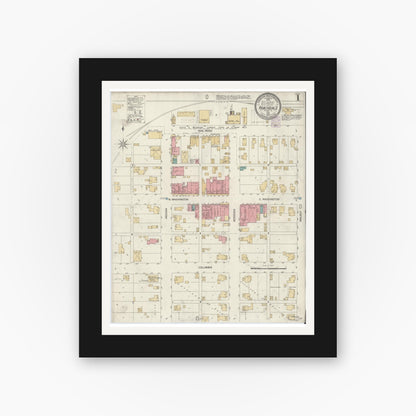 Old map wall art mockup — black gallery frame with white mat — Sanborn Fire Insurance Map from Roachdale, Putnam County, Indiana (1902), Sheet #0001