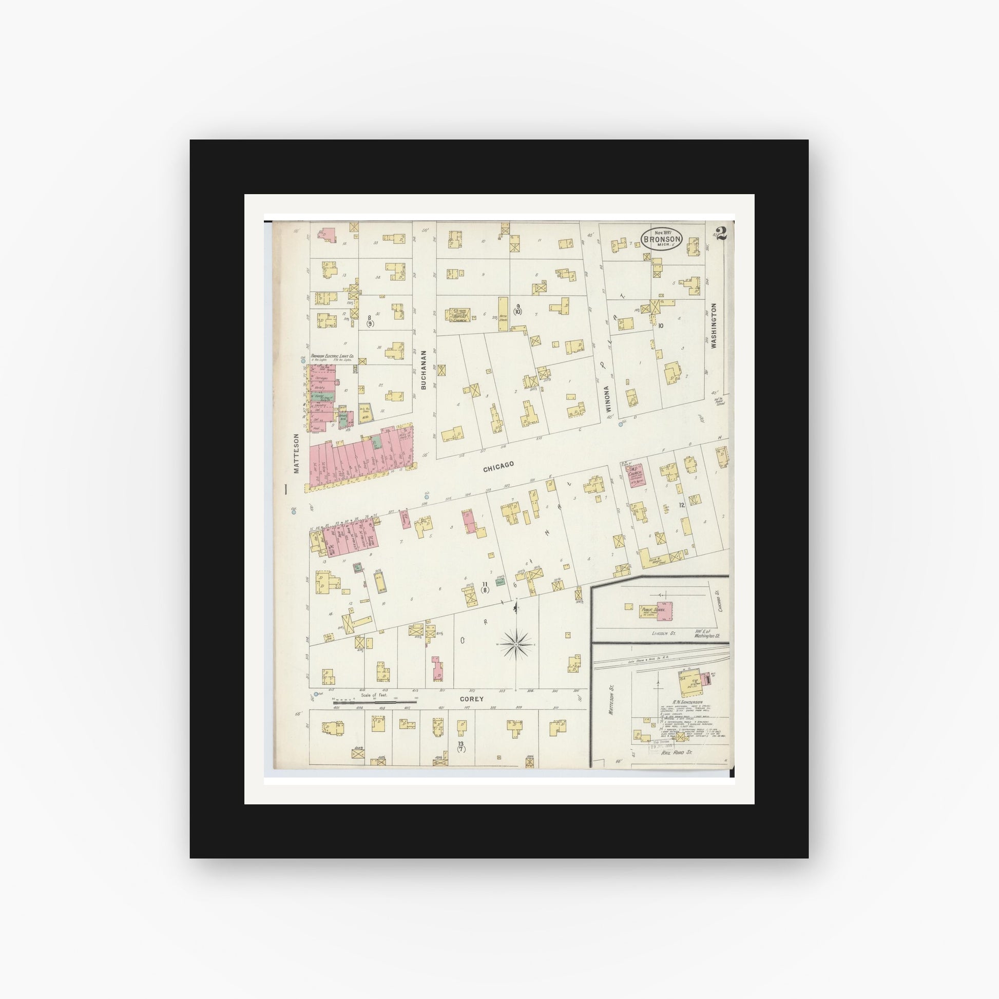 Old map wall art mockup — black gallery frame with white mat — Sanborn Fire Insurance Map from Bronson, Branch County, Michigan (1897), Sheet #0002
