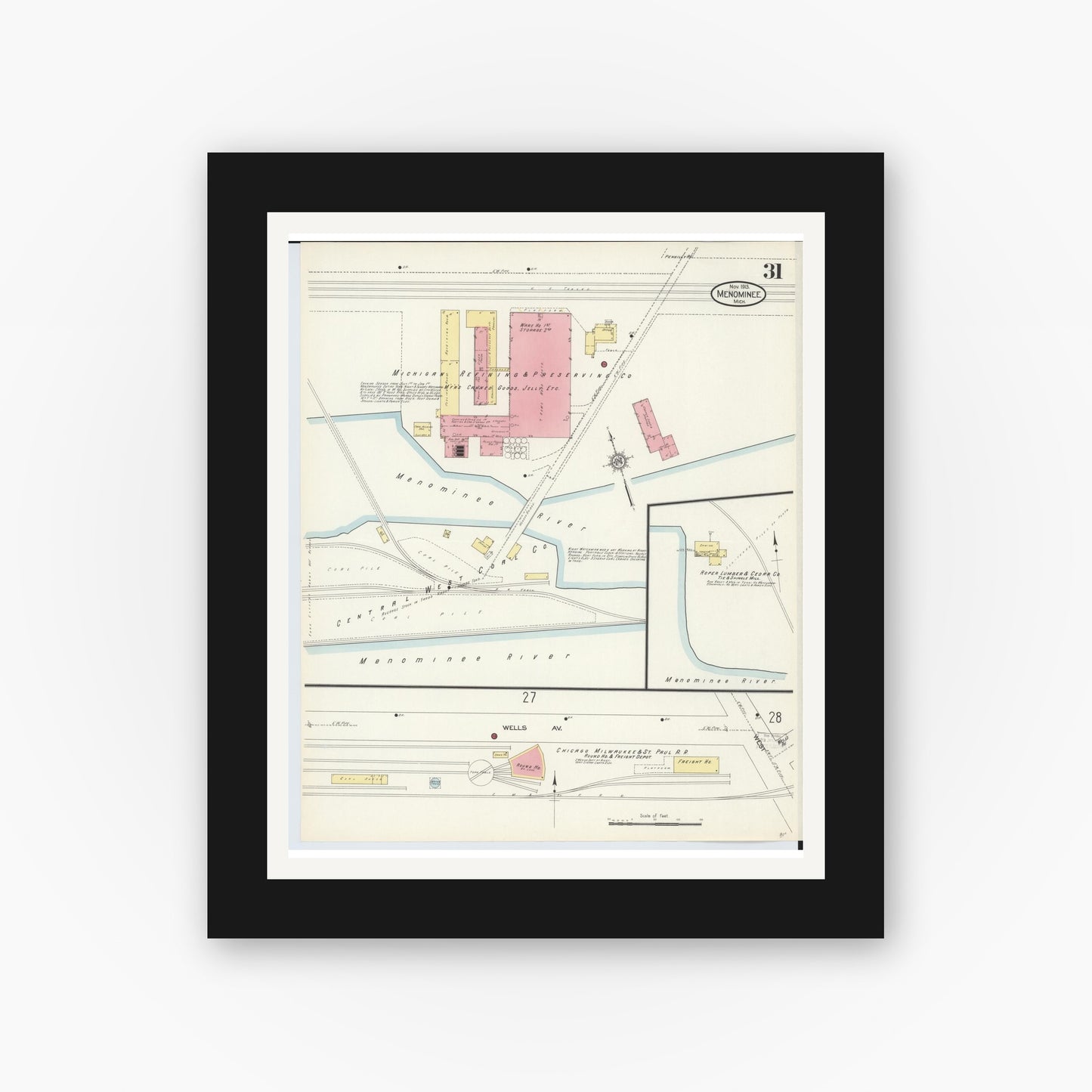 Old map wall art mockup — black gallery frame with white mat — Sanborn Fire Insurance Map from Menominee, Menominee County, Michigan (1913), Sheet #0031