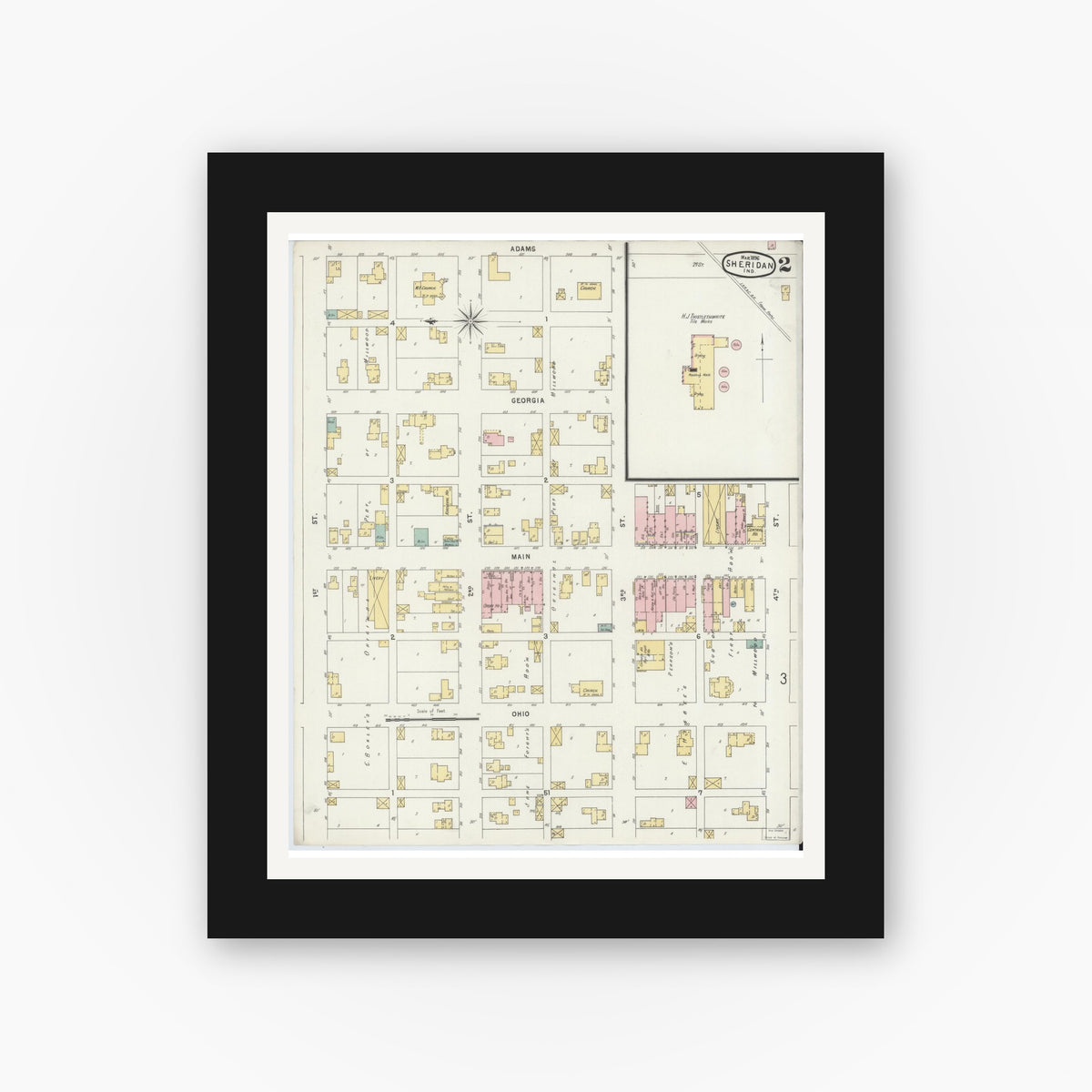 Old map wall art mockup — black gallery frame with white mat — Sanborn Fire Insurance Map from Sheridan, Hamilton County, Indiana (1896), Sheet #0002