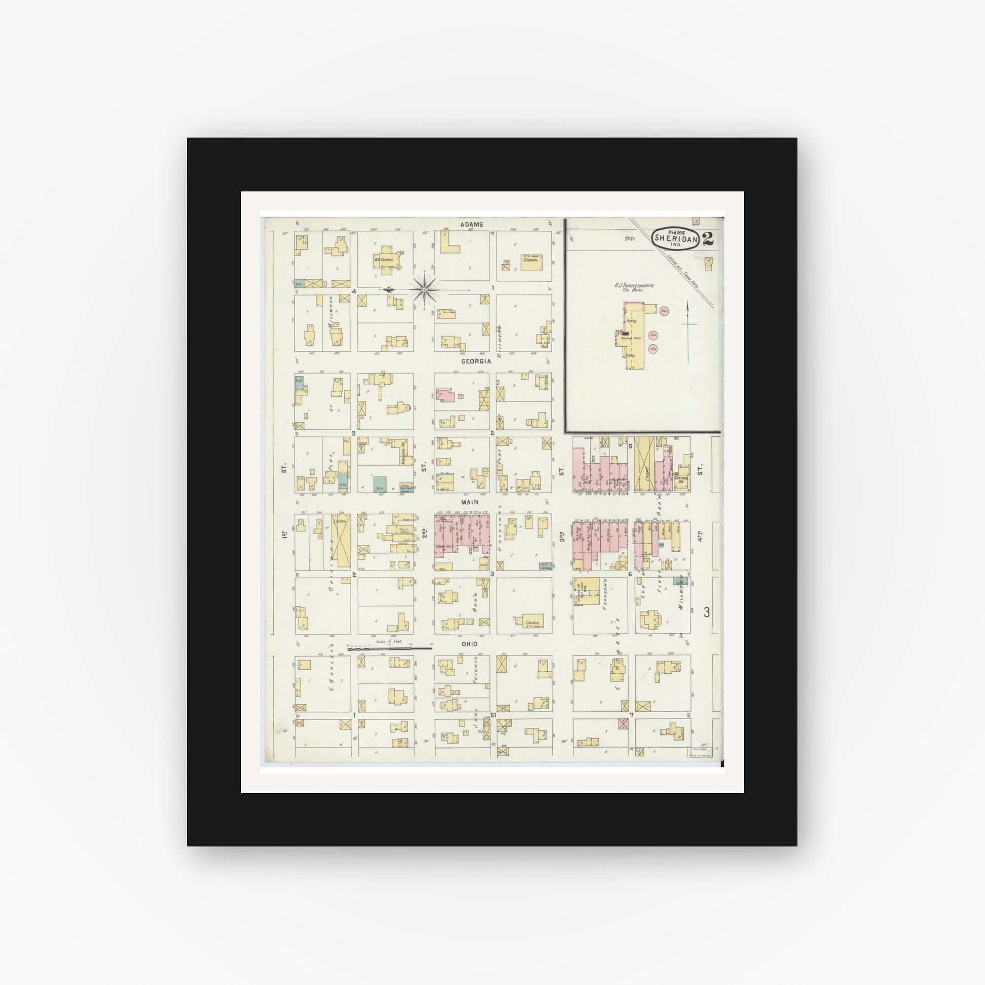 Old map wall art mockup — black gallery frame with white mat — Sanborn Fire Insurance Map from Sheridan, Hamilton County, Indiana (1896), Sheet #0002