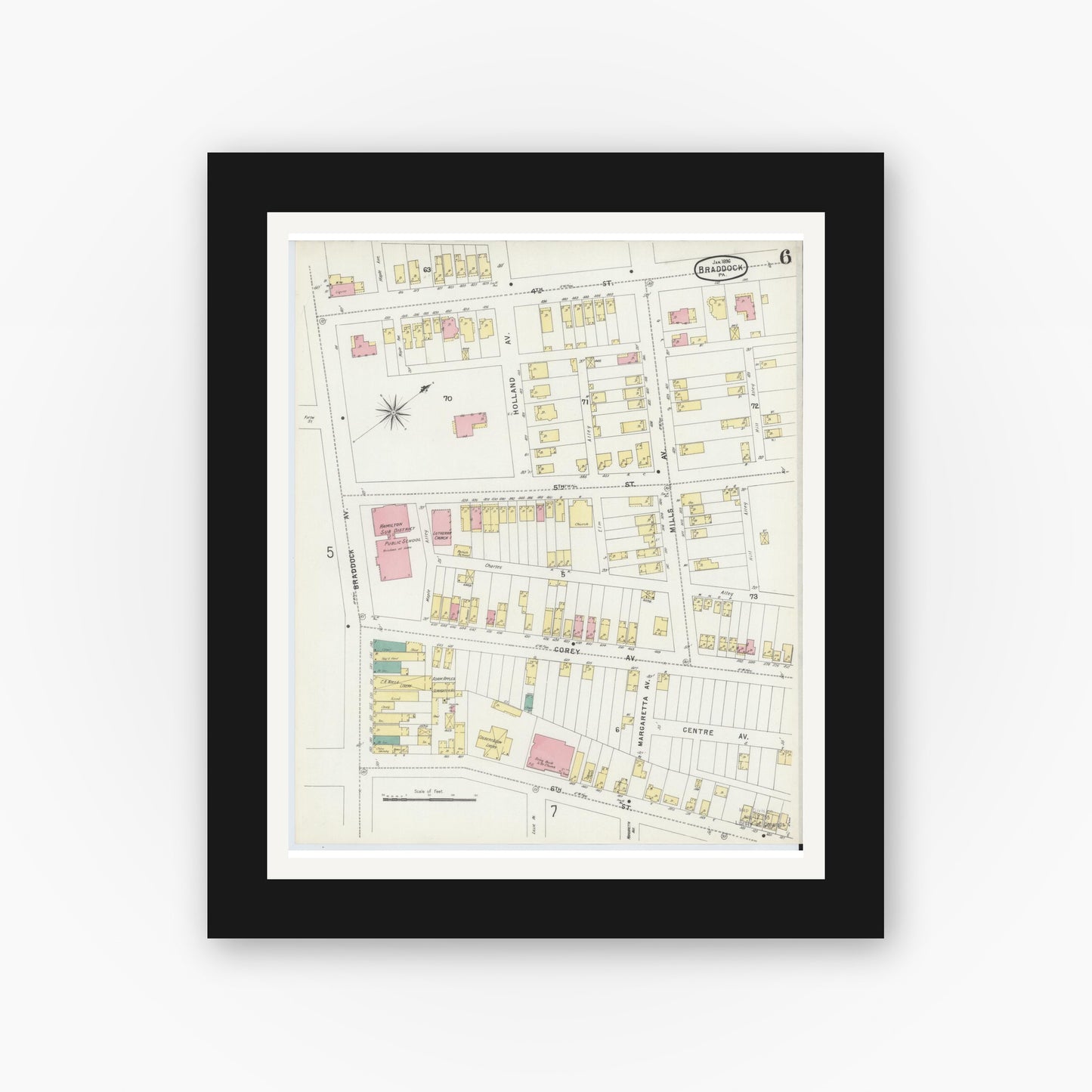 Old map wall art mockup — black gallery frame with white mat — Sanborn Fire Insurance Map from Braddock, Allegheny County, Pennsylvania (1896), Sheet #0006