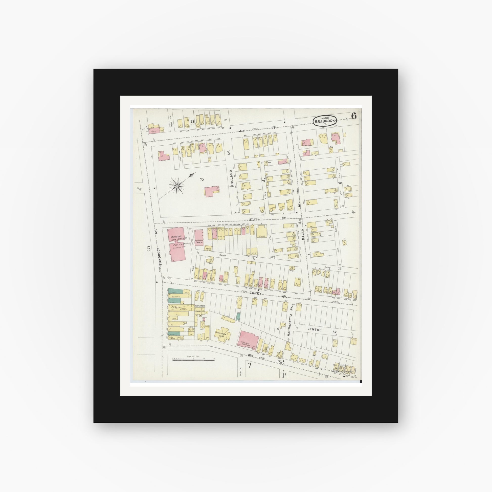 Old map wall art mockup — black gallery frame with white mat — Sanborn Fire Insurance Map from Braddock, Allegheny County, Pennsylvania (1896), Sheet #0006