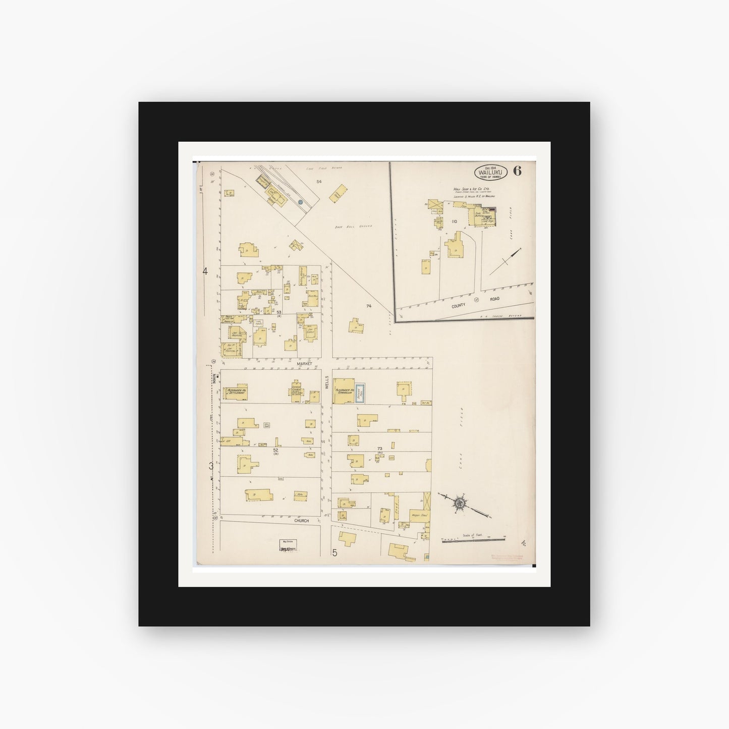 Old map wall art mockup — black gallery frame with white mat — Sanborn Fire Insurance Map from Wailuku, Maui County, Hawaii (1914), Sheet #0006