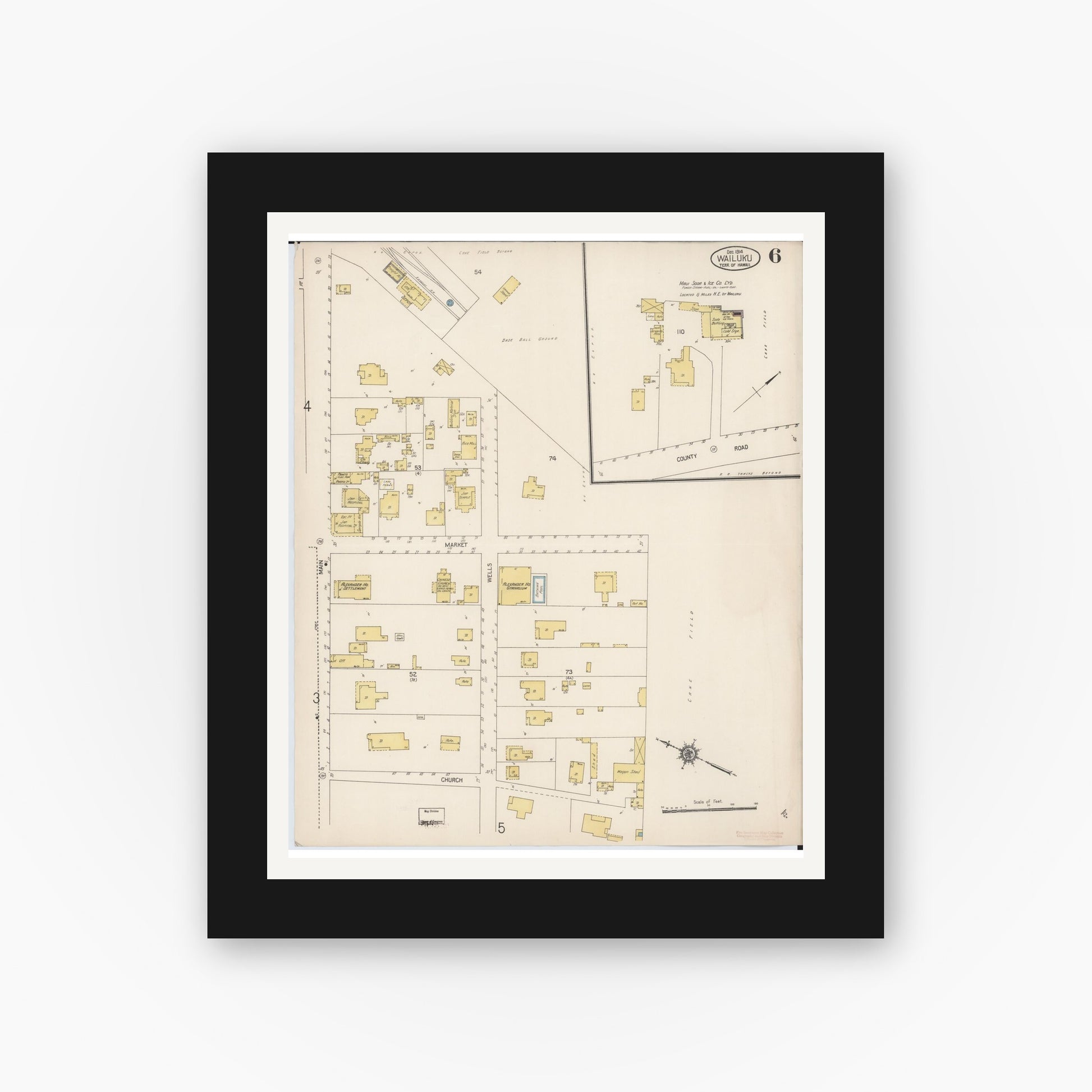 Old map wall art mockup — black gallery frame with white mat — Sanborn Fire Insurance Map from Wailuku, Maui County, Hawaii (1914), Sheet #0006