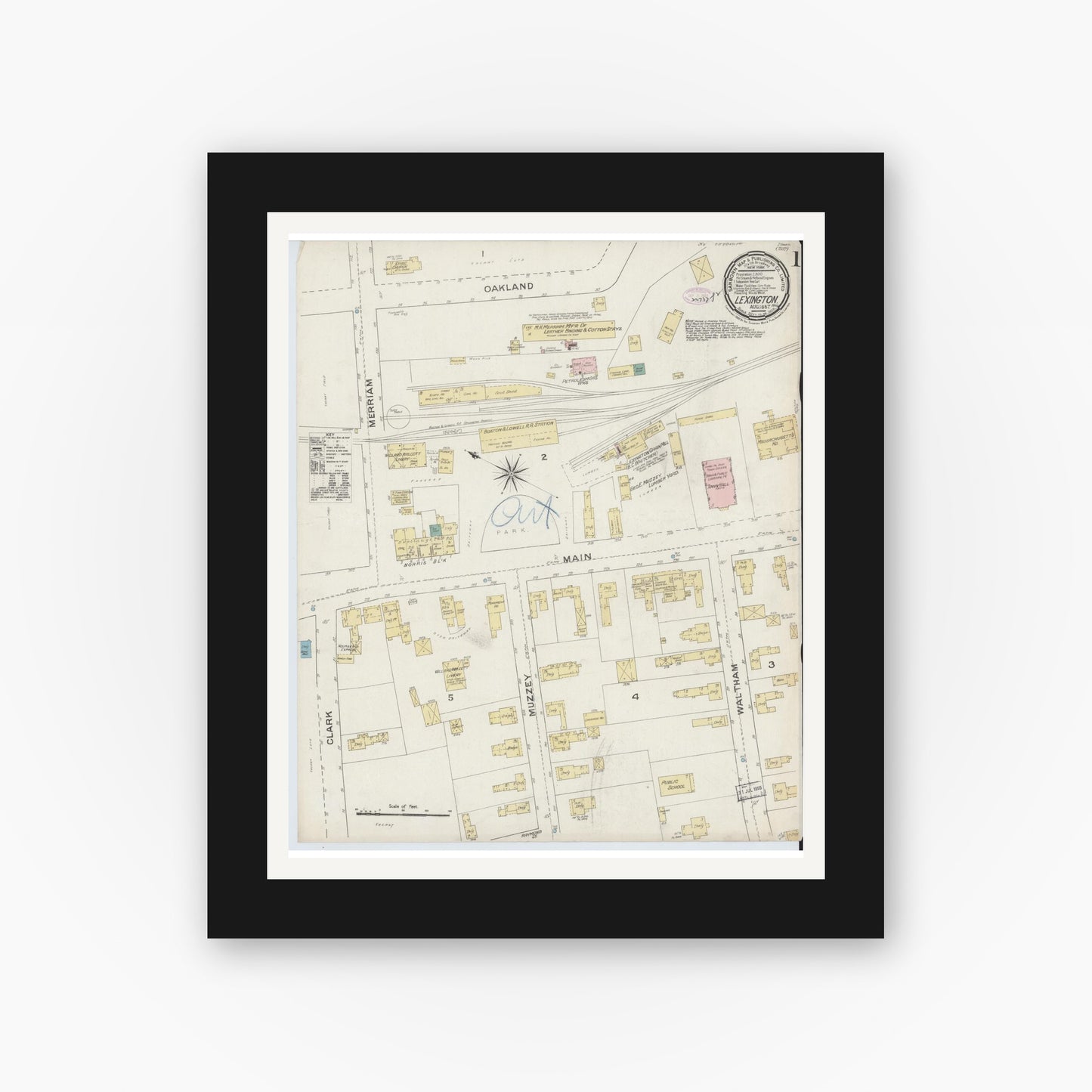 Old map wall art mockup — black gallery frame with white mat — Sanborn Fire Insurance Map from Lexington, Middlesex County, Massachusetts (1887), Sheet #0001