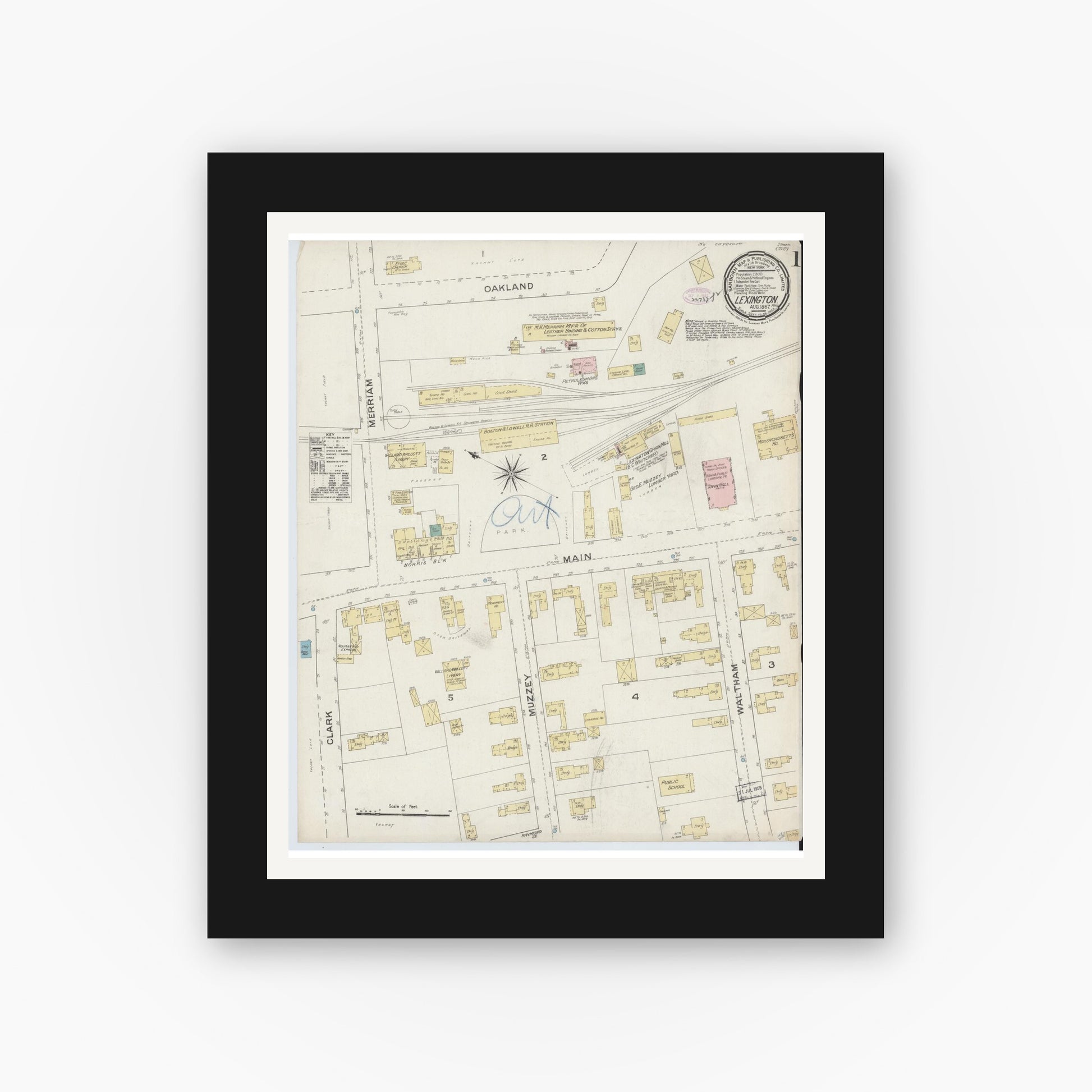Old map wall art mockup — black gallery frame with white mat — Sanborn Fire Insurance Map from Lexington, Middlesex County, Massachusetts (1887), Sheet #0001