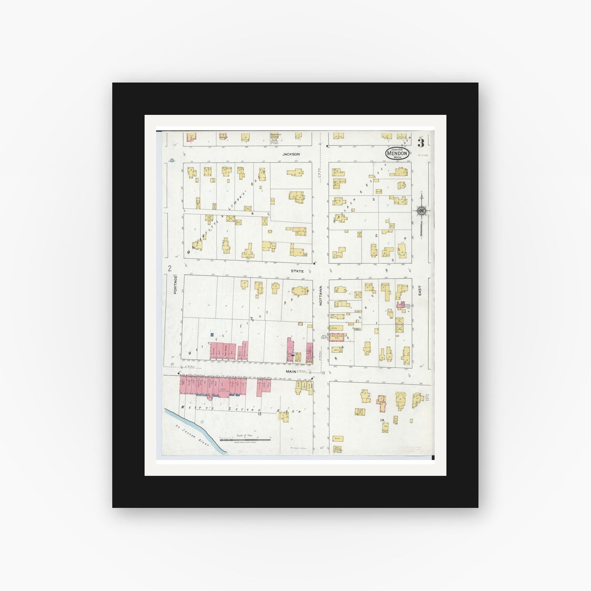 Old map wall art mockup — black gallery frame with white mat — Sanborn Fire Insurance Map from Mendon, Saint Joseph County, Michigan (1918), Sheet #0003