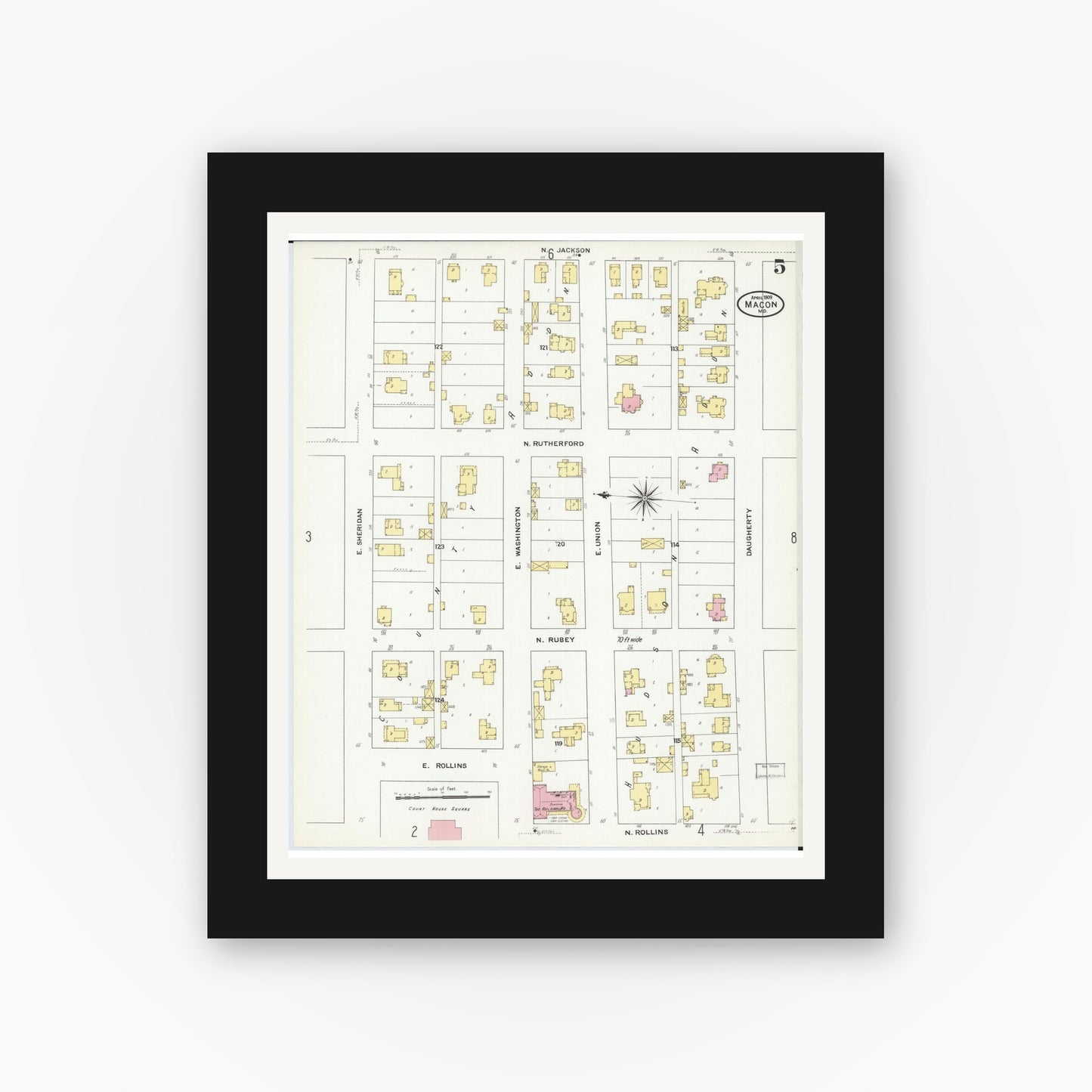 Old map wall art mockup — black gallery frame with white mat — Sanborn Fire Insurance Map from Macon, Macon County, Missouri (1909), Sheet #0005