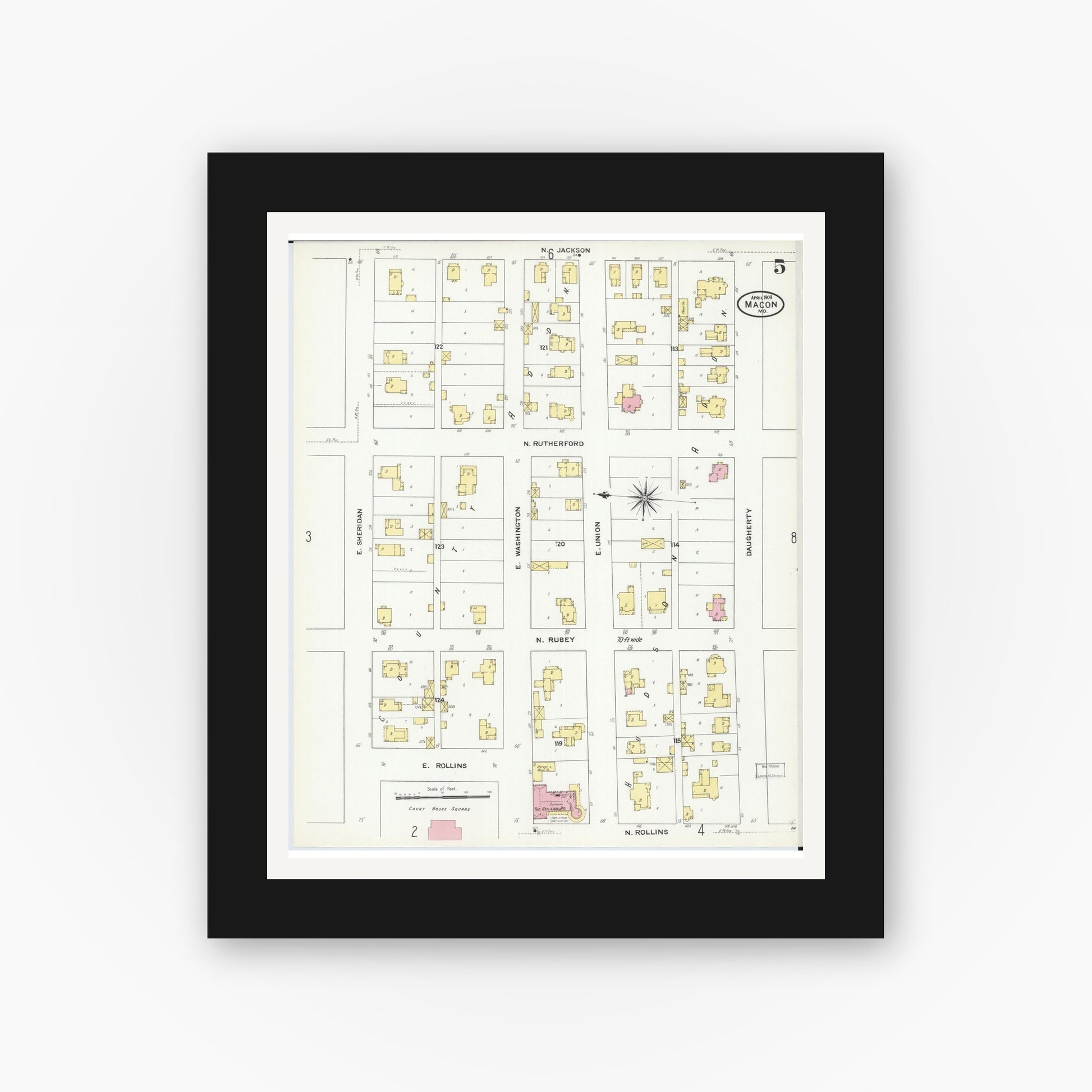 Old map wall art mockup — black gallery frame with white mat — Sanborn Fire Insurance Map from Macon, Macon County, Missouri (1909), Sheet #0005