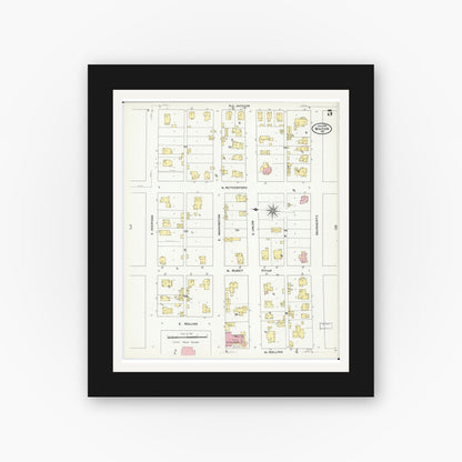 Old map wall art mockup — black gallery frame with white mat — Sanborn Fire Insurance Map from Macon, Macon County, Missouri (1909), Sheet #0005