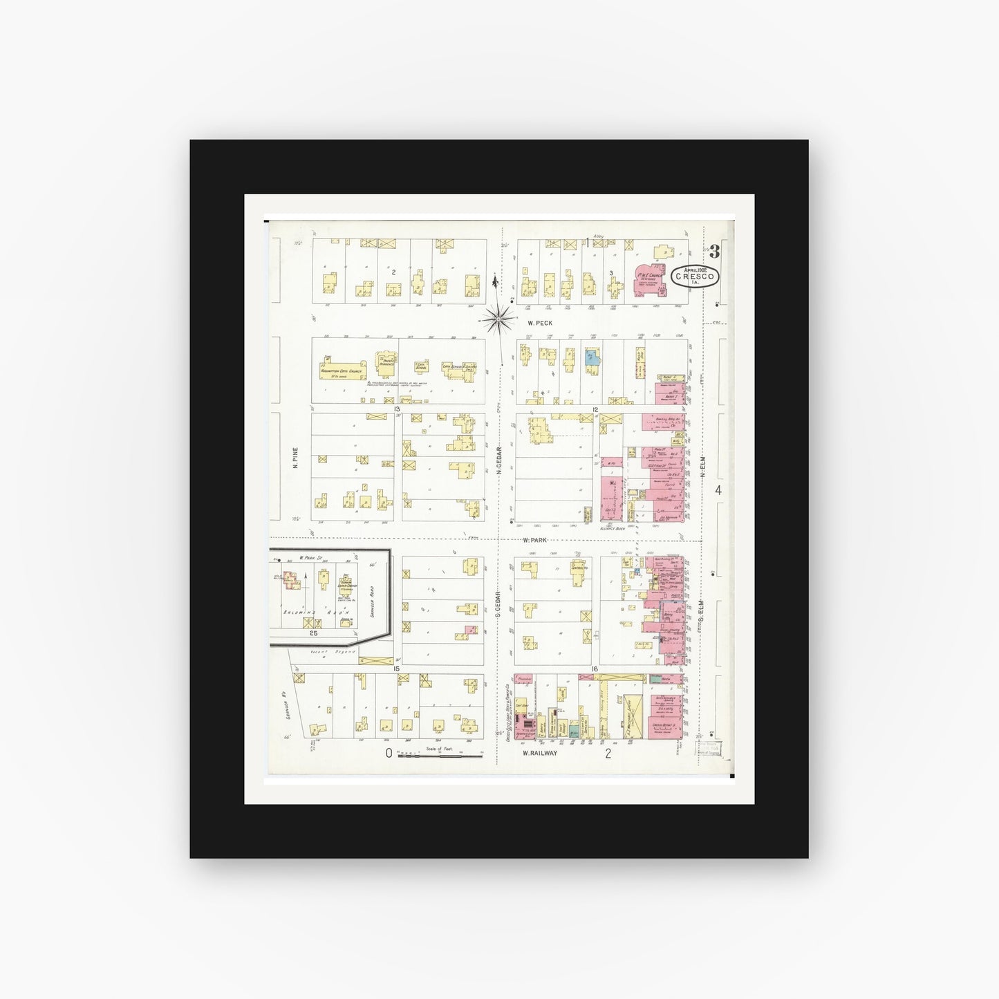Old map wall art mockup — black gallery frame with white mat — Sanborn Fire Insurance Map from Cresco, Howard County, Iowa (1902), Sheet #0003