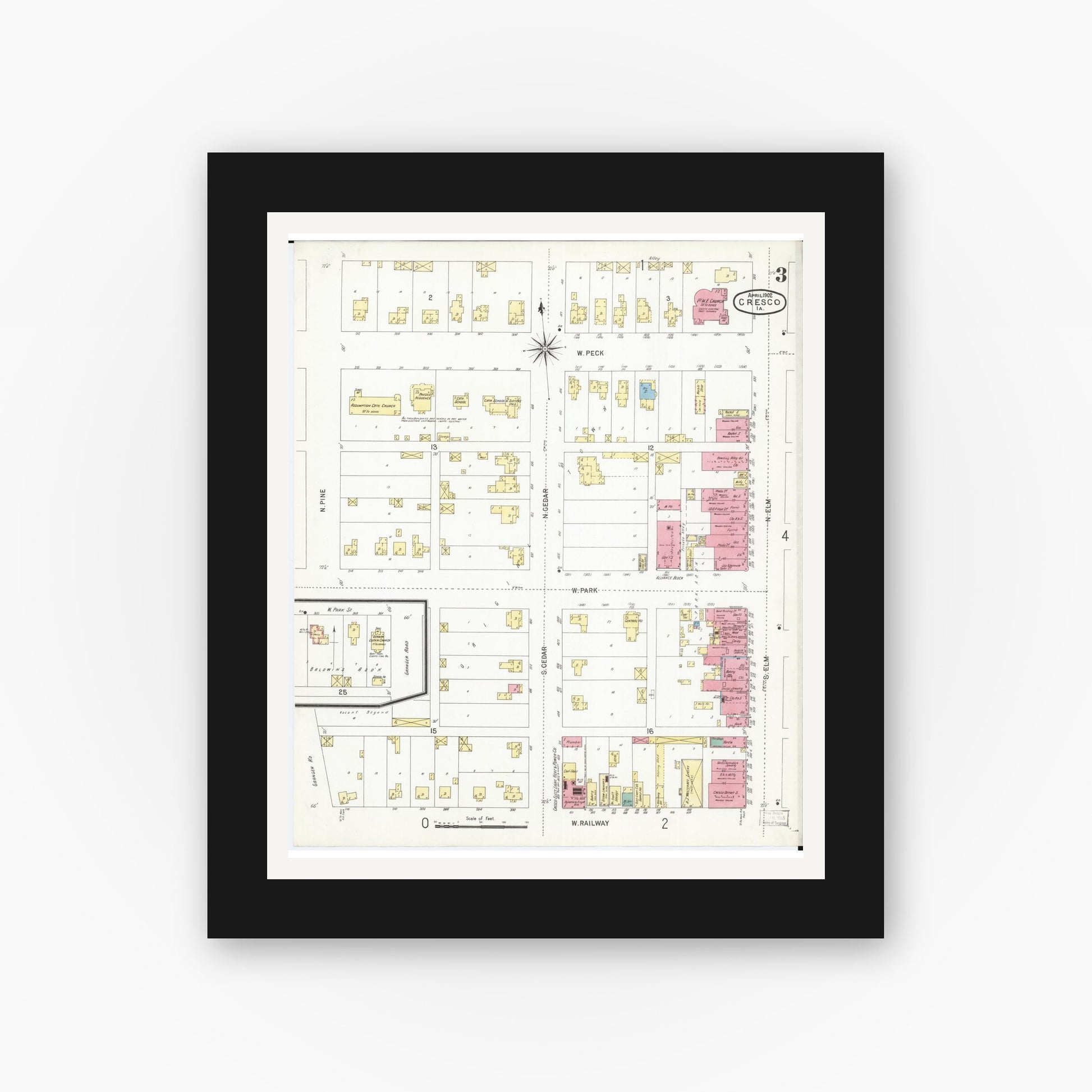 Old map wall art mockup — black gallery frame with white mat — Sanborn Fire Insurance Map from Cresco, Howard County, Iowa (1902), Sheet #0003