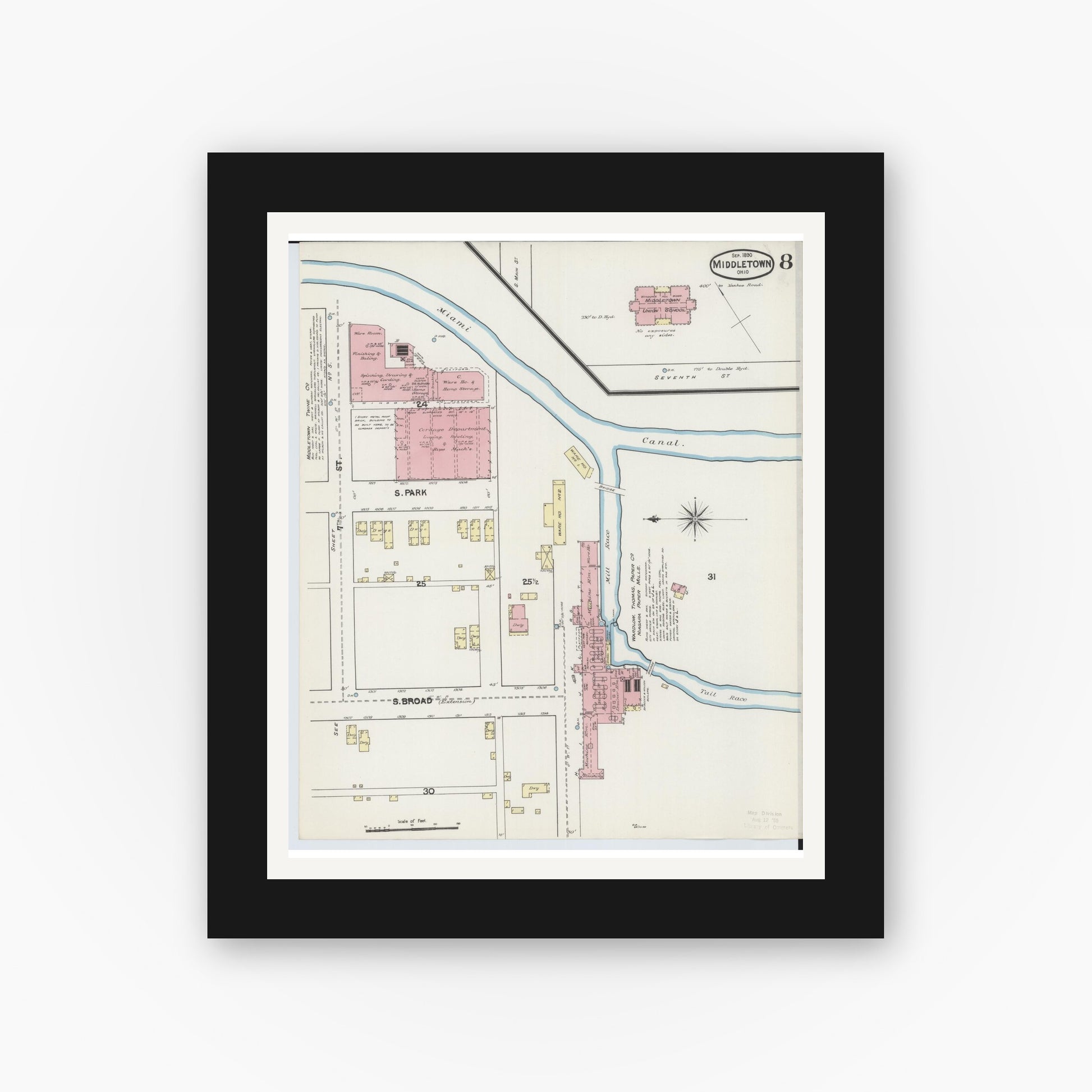 Old map wall art mockup — black gallery frame with white mat — Sanborn Fire Insurance Map from Middletown, Butler County, Ohio (1890), Sheet #0008