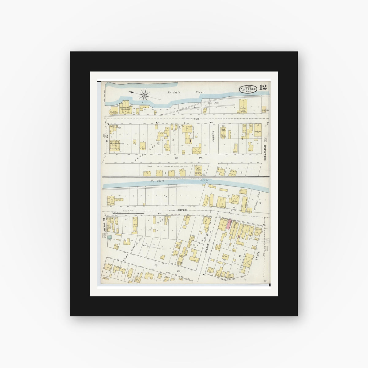 Old map wall art mockup — black gallery frame with white mat — Sanborn Fire Insurance Map from Oscoda, Iosco County, Michigan (1895), Sheet #0012