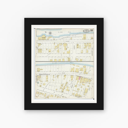 Old map wall art mockup — black gallery frame with white mat — Sanborn Fire Insurance Map from Oscoda, Iosco County, Michigan (1895), Sheet #0012