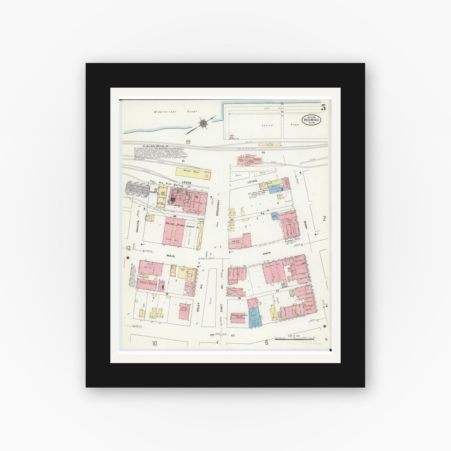 Old map wall art mockup — black gallery frame with white mat — Sanborn Fire Insurance Map from Red Wing, Goodhue County, Minnesota (1910), Sheet #0005