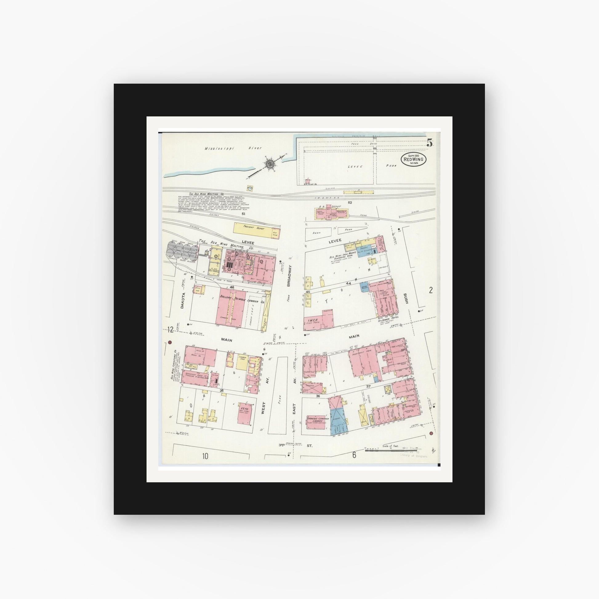 Old map wall art mockup — black gallery frame with white mat — Sanborn Fire Insurance Map from Red Wing, Goodhue County, Minnesota (1910), Sheet #0005