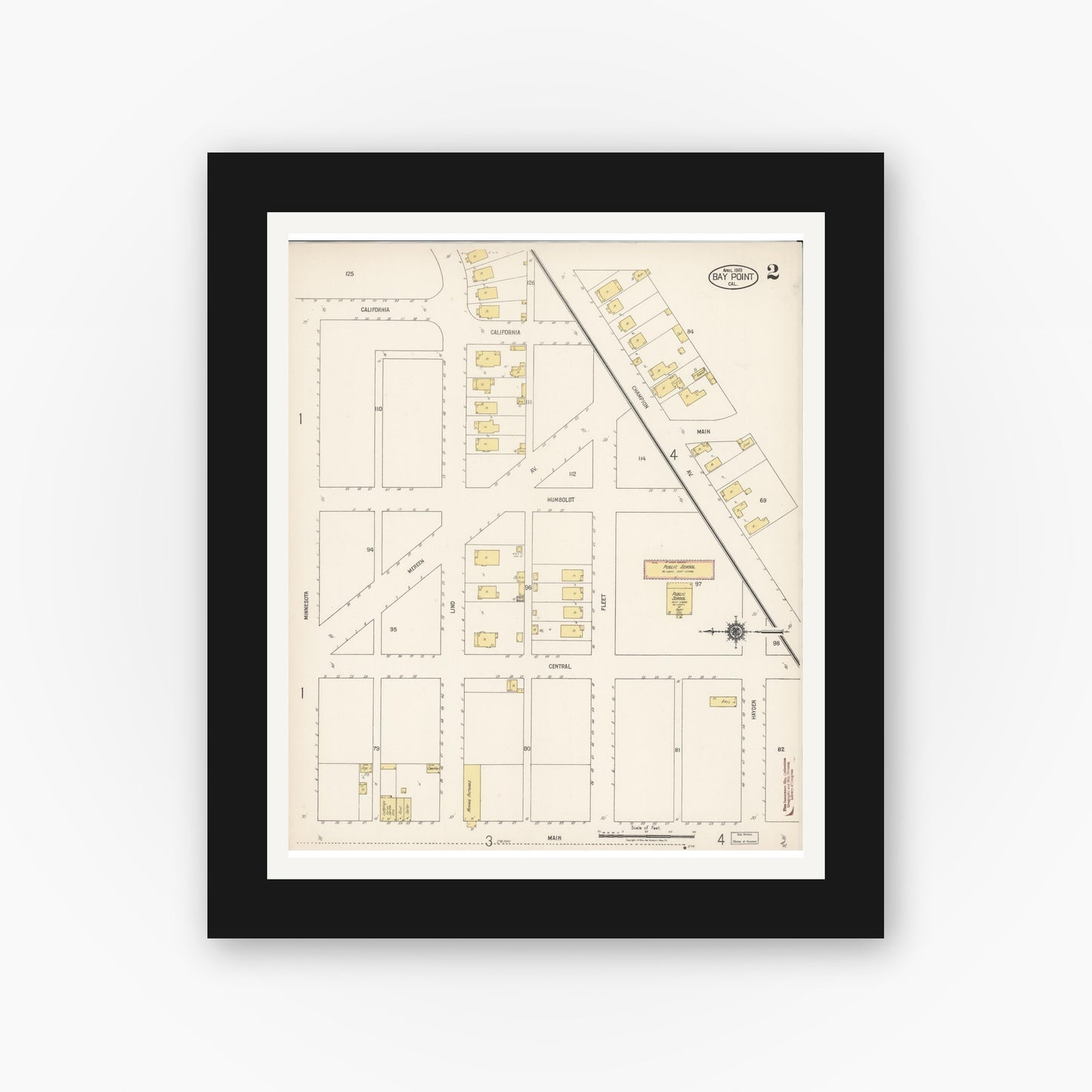 Old map wall art mockup — black gallery frame with white mat — Sanborn Fire Insurance Map from Bay Point, Contra Costa County, California (1919), Sheet #0002