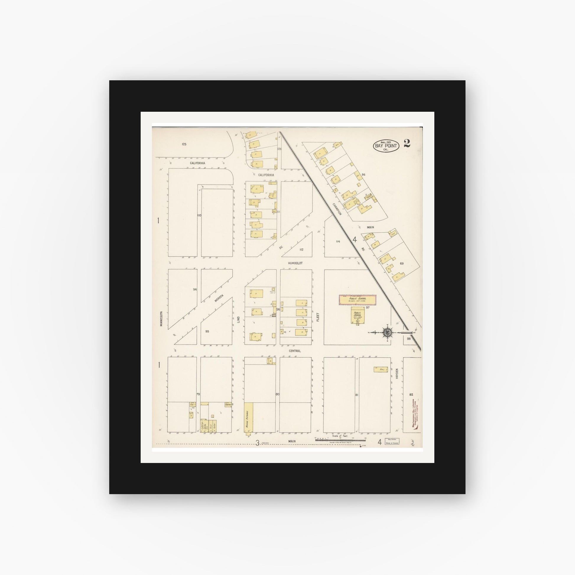 Old map wall art mockup — black gallery frame with white mat — Sanborn Fire Insurance Map from Bay Point, Contra Costa County, California (1919), Sheet #0002