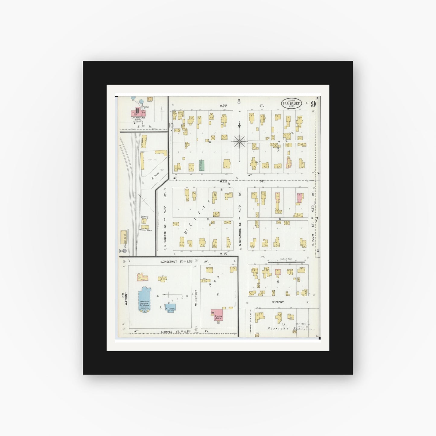 Old map wall art mockup — black gallery frame with white mat — Sanborn Fire Insurance Map from Faribault, Rice County, Minnesota (1899), Sheet #0009