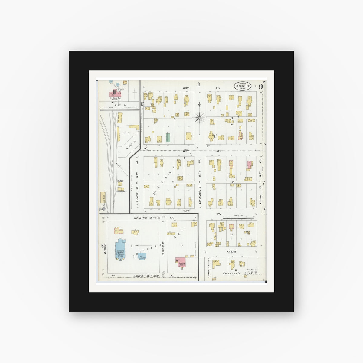 Old map wall art mockup — black gallery frame with white mat — Sanborn Fire Insurance Map from Faribault, Rice County, Minnesota (1899), Sheet #0009