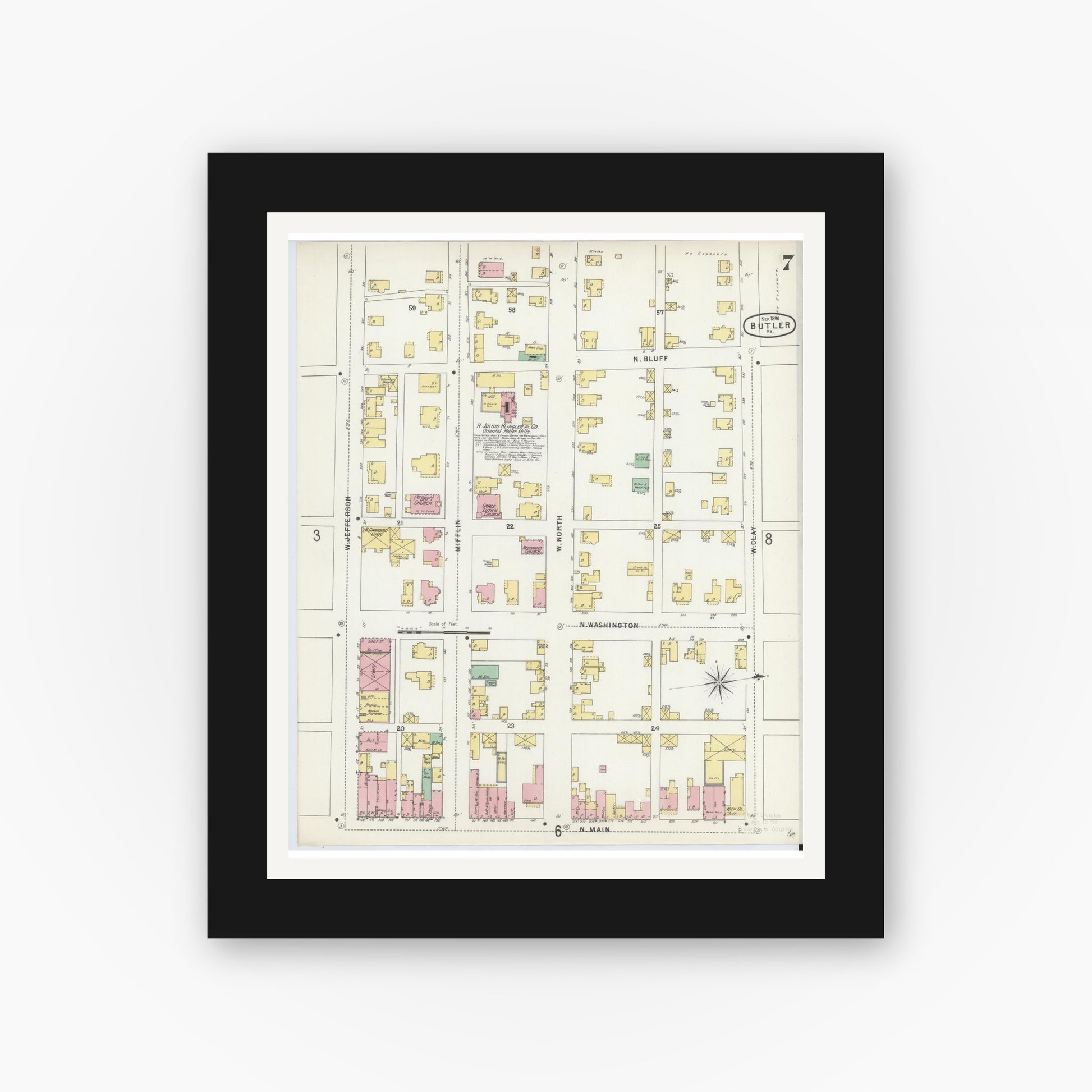 Old map wall art mockup — black gallery frame with white mat — Sanborn Fire Insurance Map from Butler, Butler County, Pennsylvania (1896), Sheet #0007