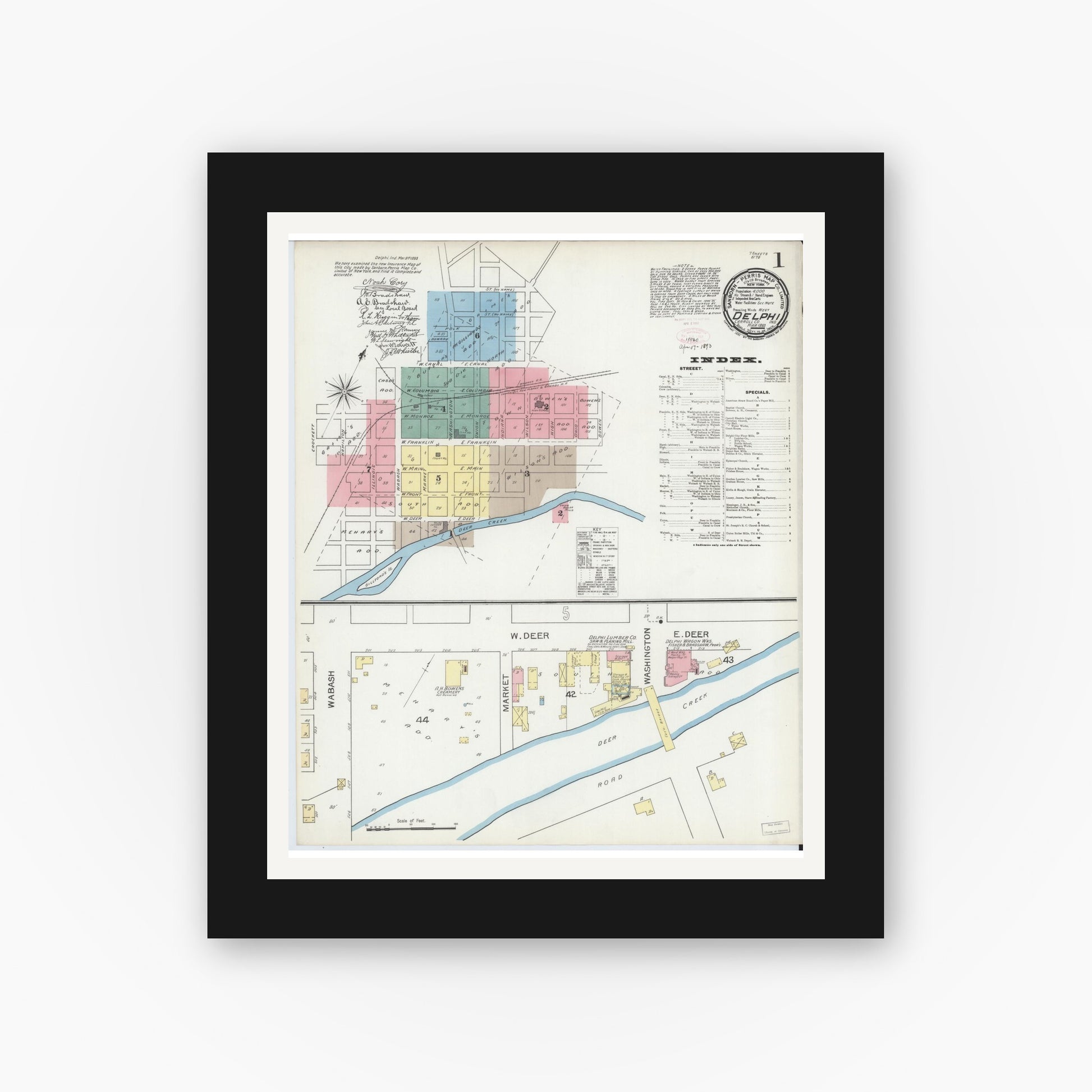 Old map wall art mockup — black gallery frame with white mat — Sanborn Fire Insurance Map from Delphi, Carroll County, Indiana (1893), Sheet #0001