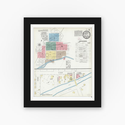 Old map wall art mockup — black gallery frame with white mat — Sanborn Fire Insurance Map from Delphi, Carroll County, Indiana (1893), Sheet #0001