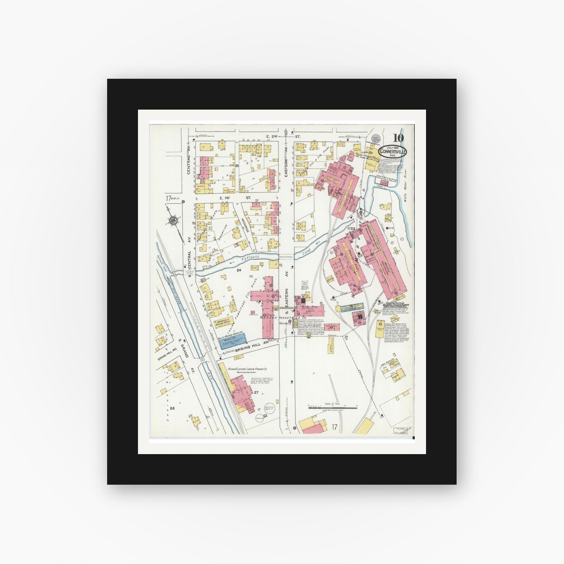 Old map wall art mockup — black gallery frame with white mat — Sanborn Fire Insurance Map from Connersville, Fayette County, Indiana (1919), Sheet #0010