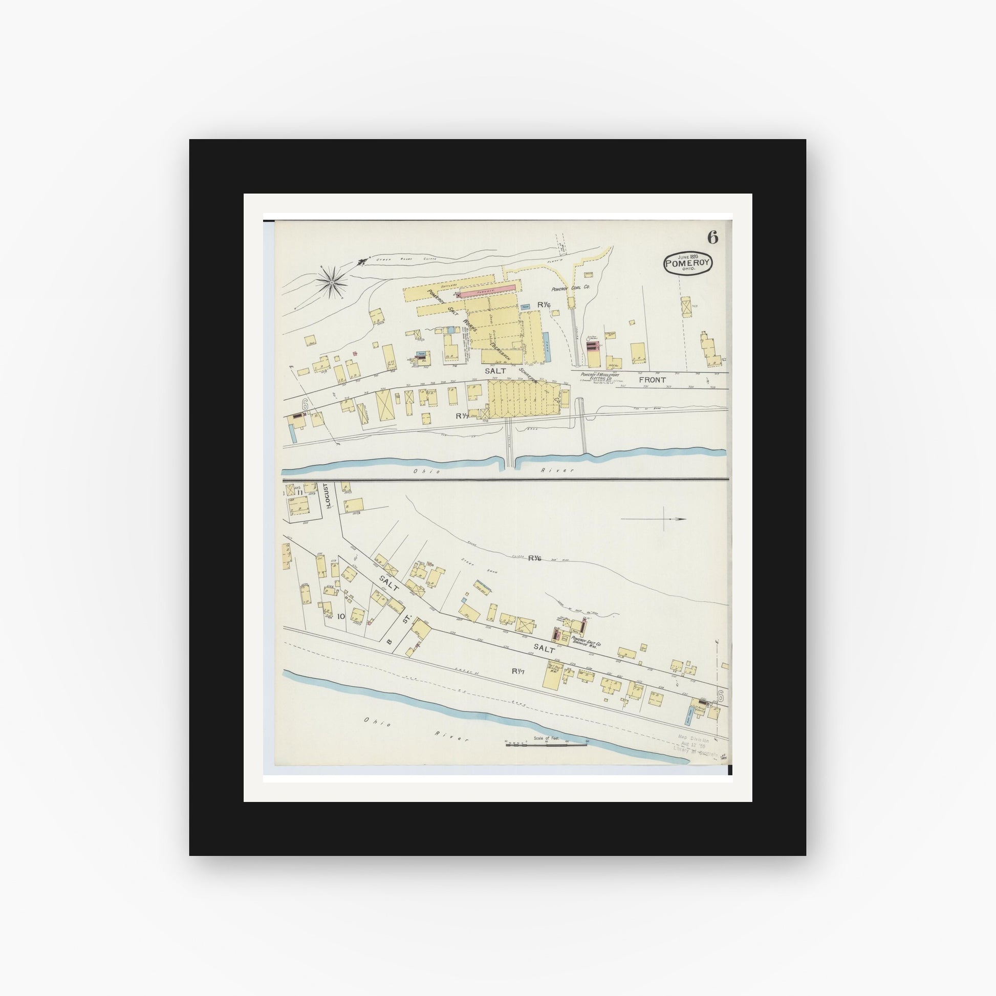 Old map wall art mockup — black gallery frame with white mat — Sanborn Fire Insurance Map from Pomeroy, Meigs County, Ohio (1893), Sheet #0006