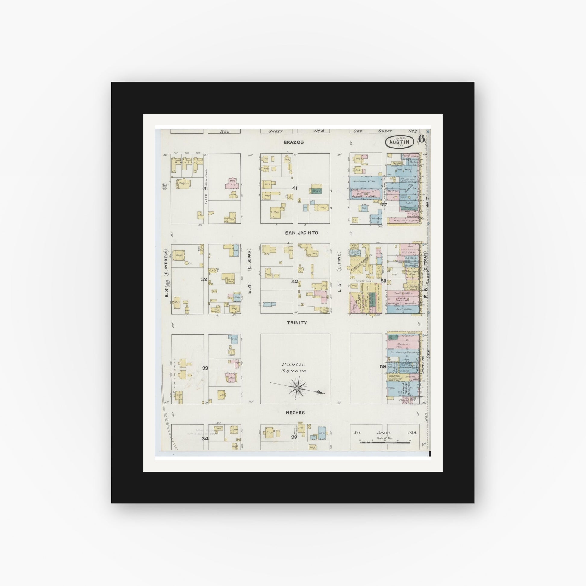 Old map wall art mockup — black gallery frame with white mat — Sanborn Fire Insurance Map from Austin, Travis County, Texas (1889), Sheet #0006