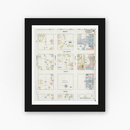 Old map wall art mockup — black gallery frame with white mat — Sanborn Fire Insurance Map from Austin, Travis County, Texas (1889), Sheet #0006