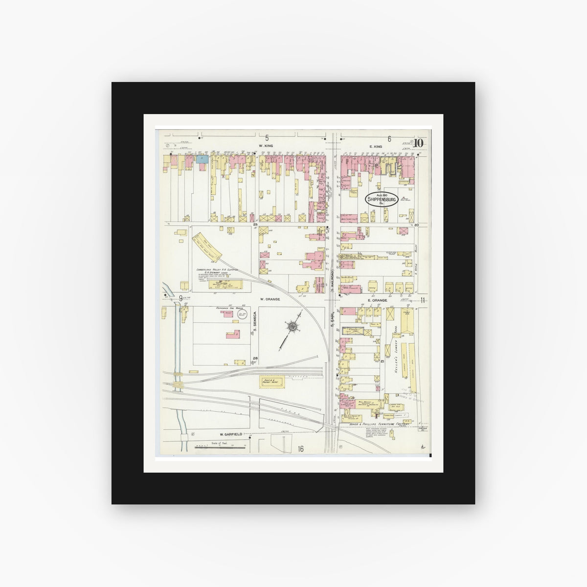 Old map wall art mockup — black gallery frame with white mat — Sanborn Fire Insurance Map from Shippensburg, Cumberland And Franklin Counties, Pennsylvania (1910), Sheet #0010