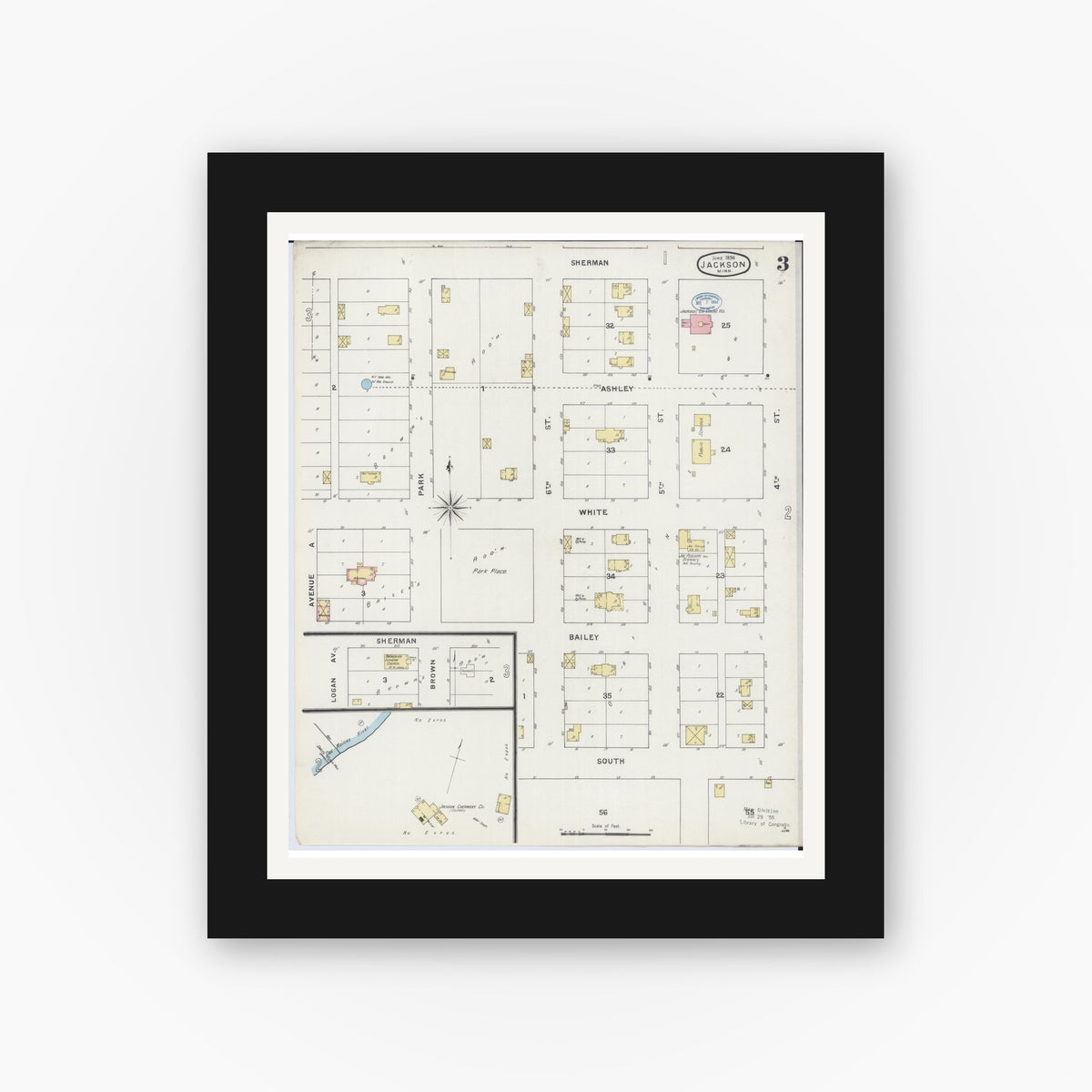 Old map wall art mockup — black gallery frame with white mat — Sanborn Fire Insurance Map from Jackson, Jackson County, Minnesota (1894), Sheet #0003