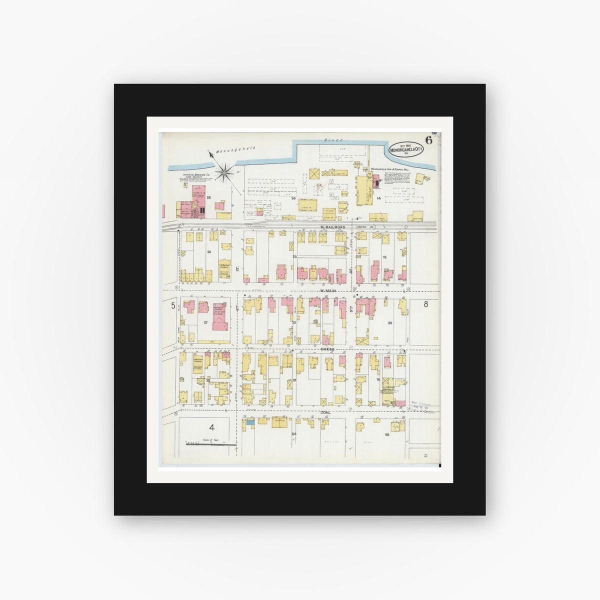 Old map wall art mockup — black gallery frame with white mat — Sanborn Fire Insurance Map from Monongahela City, Washington County, Pennsylvania (1905), Sheet #0006
