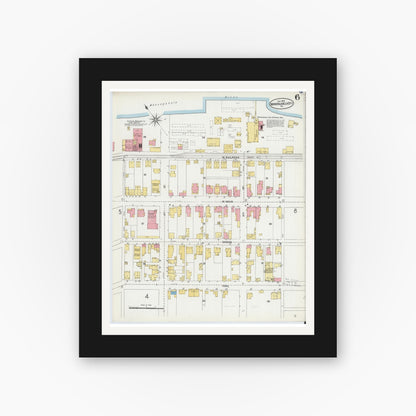 Old map wall art mockup — black gallery frame with white mat — Sanborn Fire Insurance Map from Monongahela City, Washington County, Pennsylvania (1905), Sheet #0006