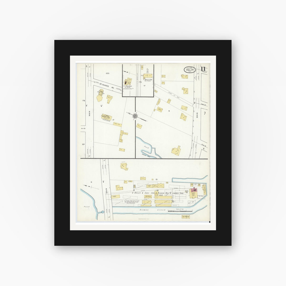 Old map wall art mockup — black gallery frame with white mat — Sanborn Fire Insurance Map from Islip, Suffolk County, New York (1916), Sheet #0011