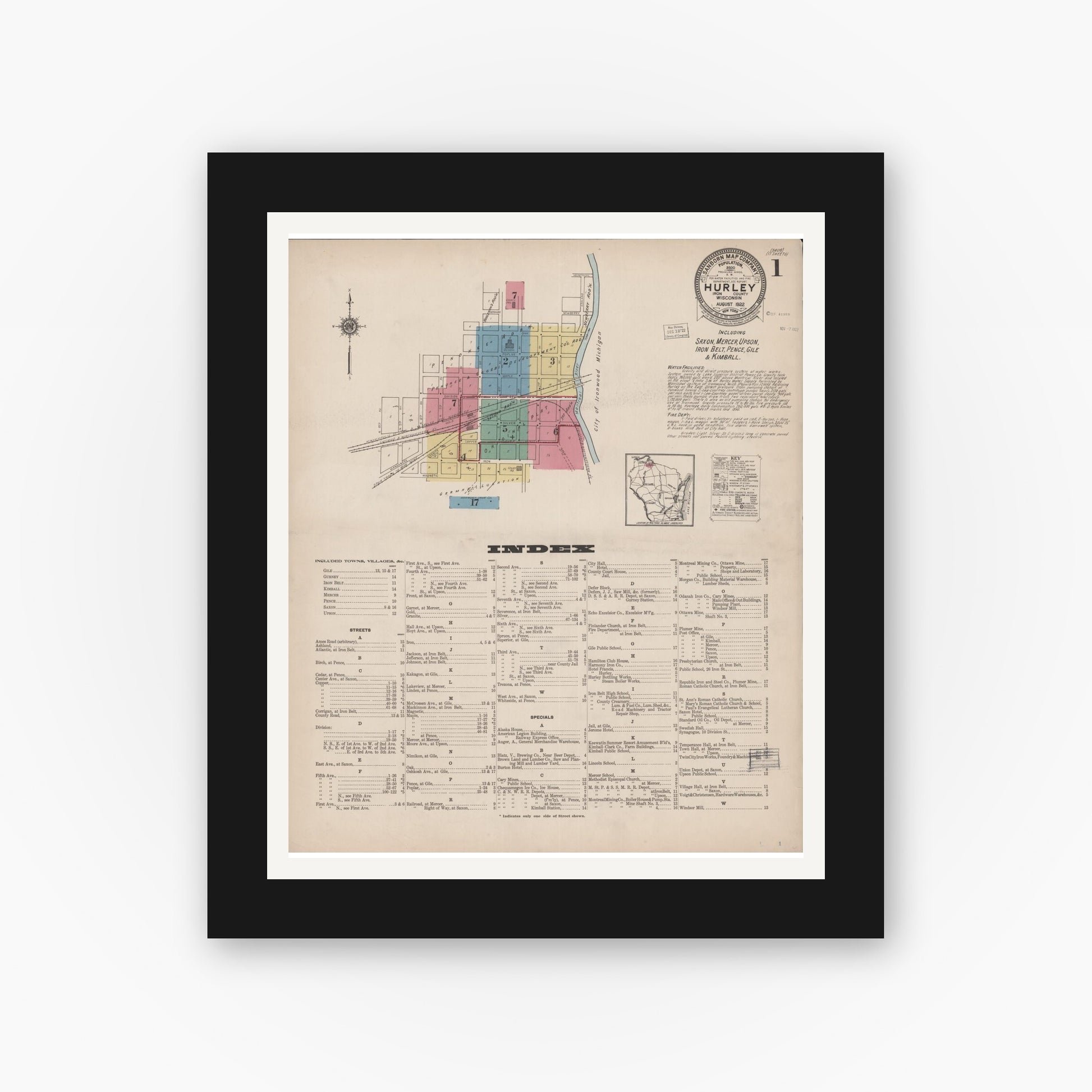 Old map wall art mockup — black gallery frame with white mat — Sanborn Fire Insurance Map from Hurley, Iron County, Wisconsin (1922) - Complete Map Set